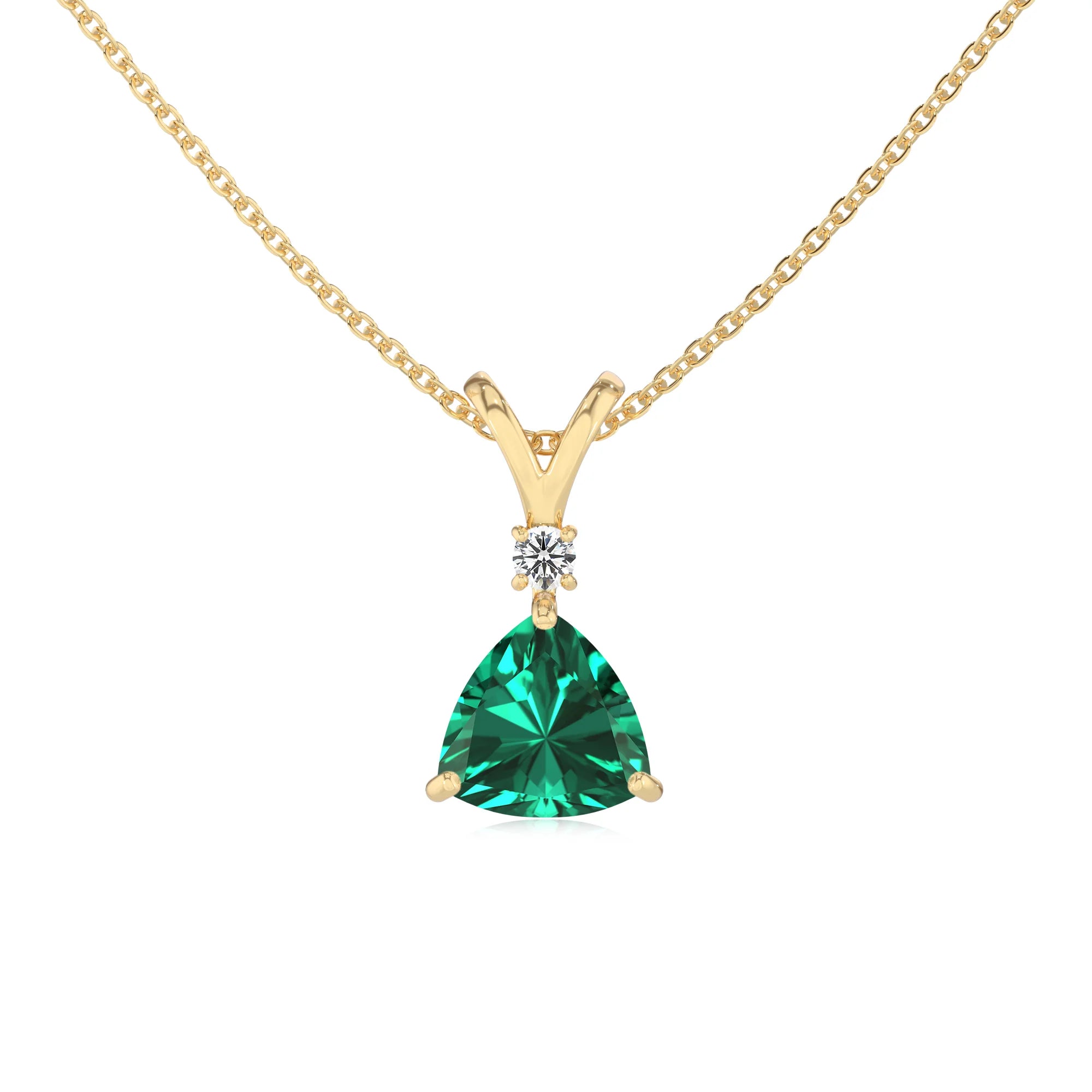 lab grown emerald trillion solitaire v-bale necklaces in yellow gold 