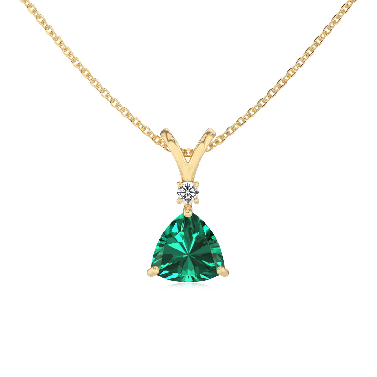 lab grown emerald trillion solitaire v-bale necklaces in yellow gold 