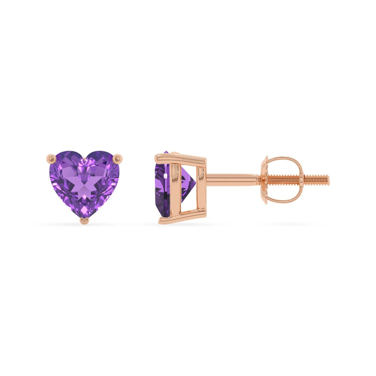lab grown amethyst heart stud earrings in rose gold 