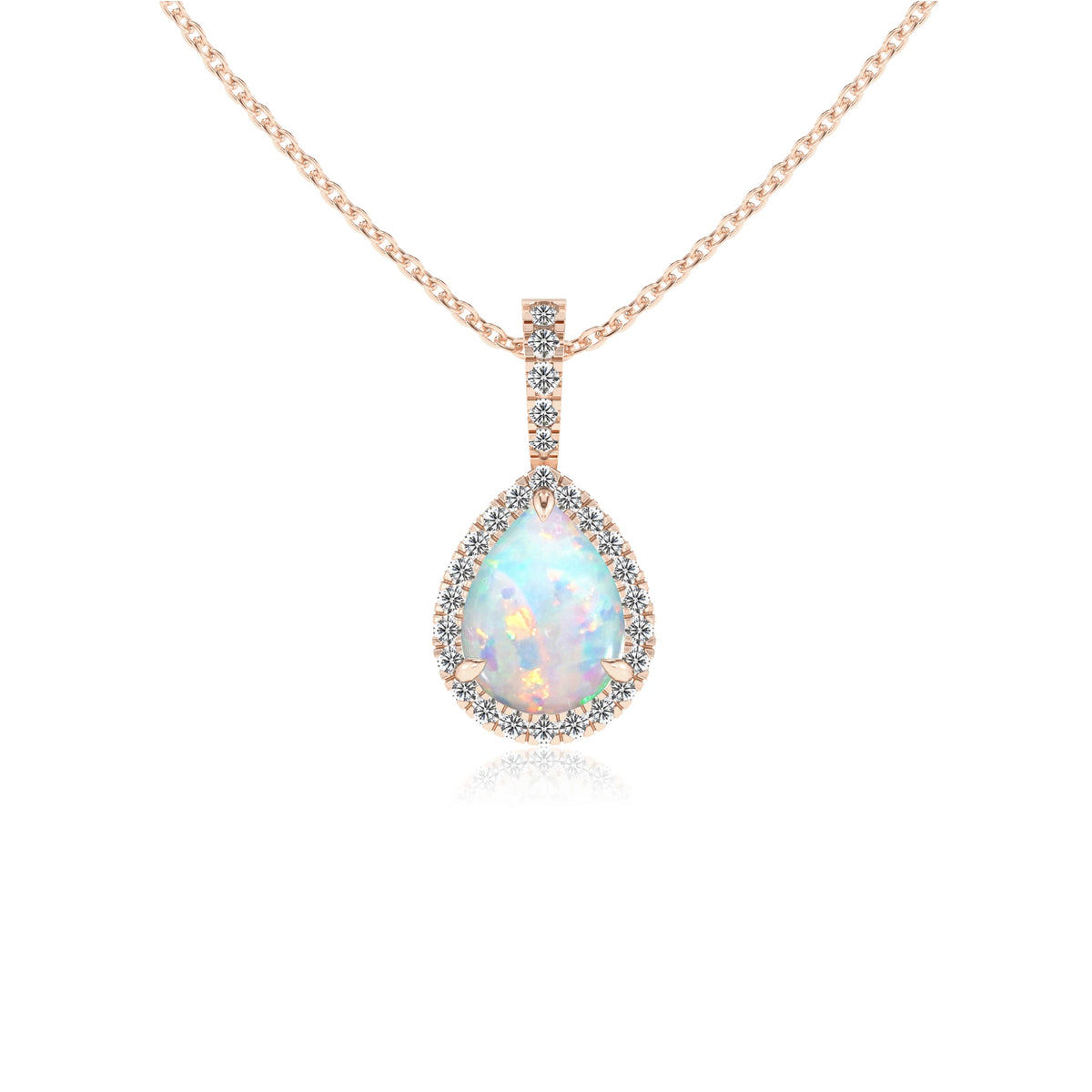 lab grown opal pear solitaire necklaces in rose gold 