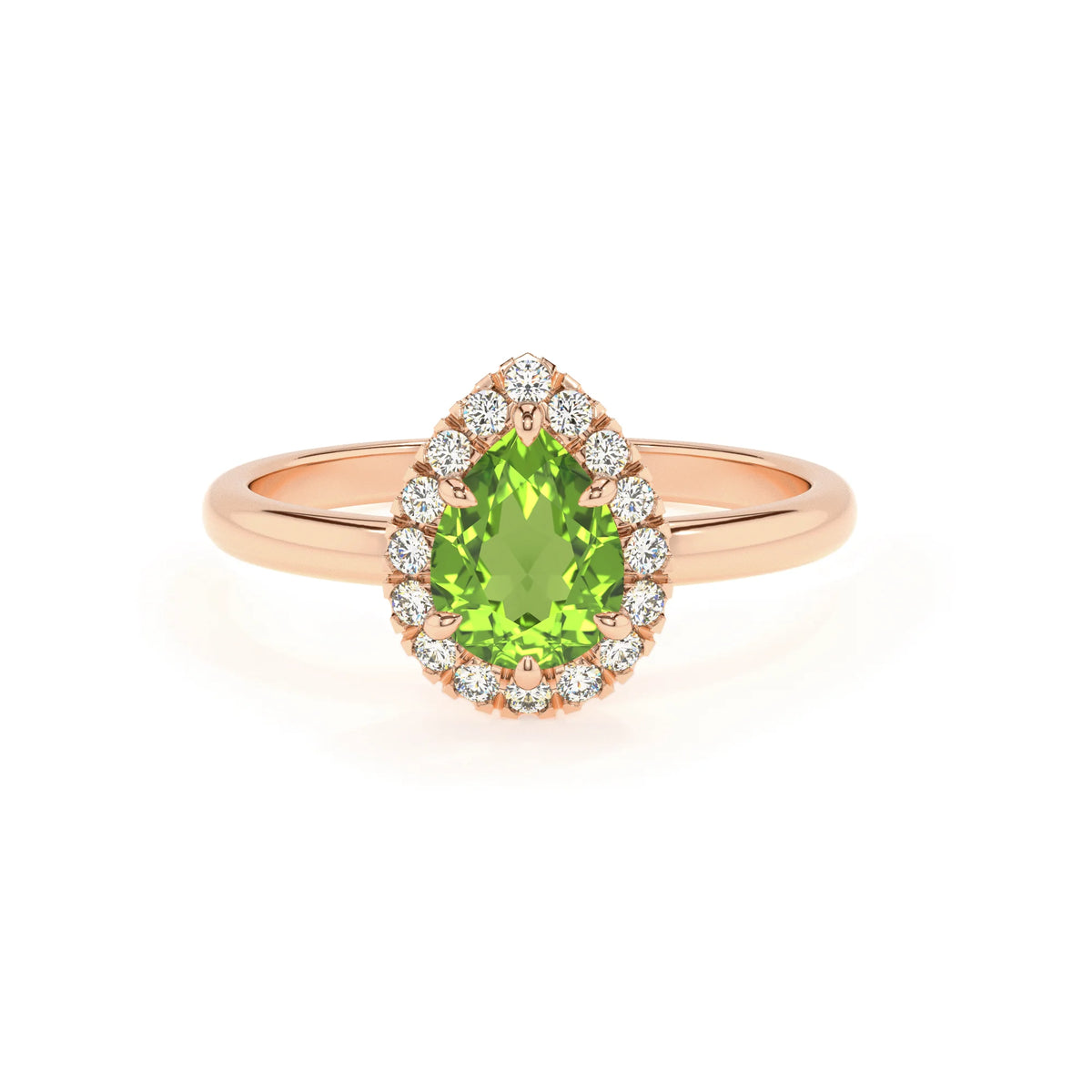 natural peridot pear solitaire rings in rose gold 