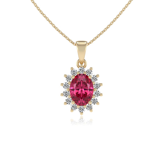 lab grown pink-tourmaline oval halo necklaces in yellow gold 