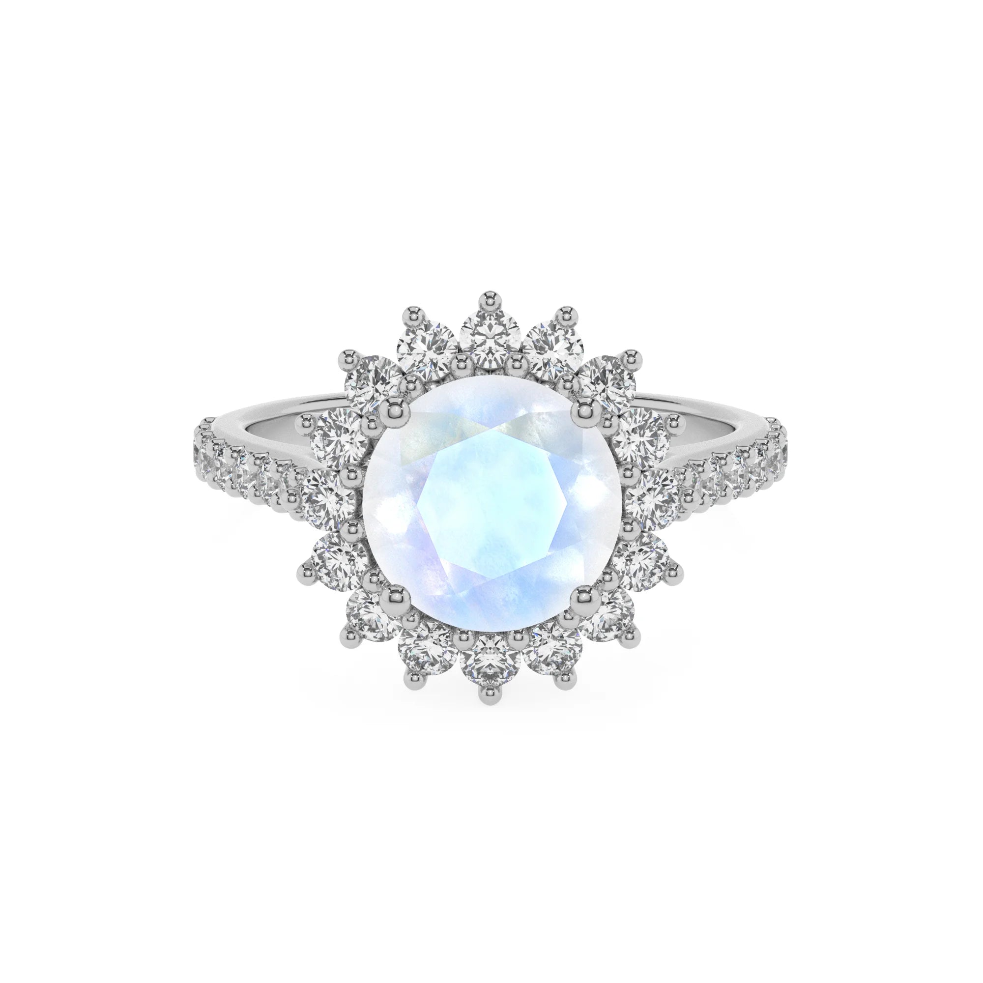 natural rainbow-moonstone round solitaire rings in platinum 