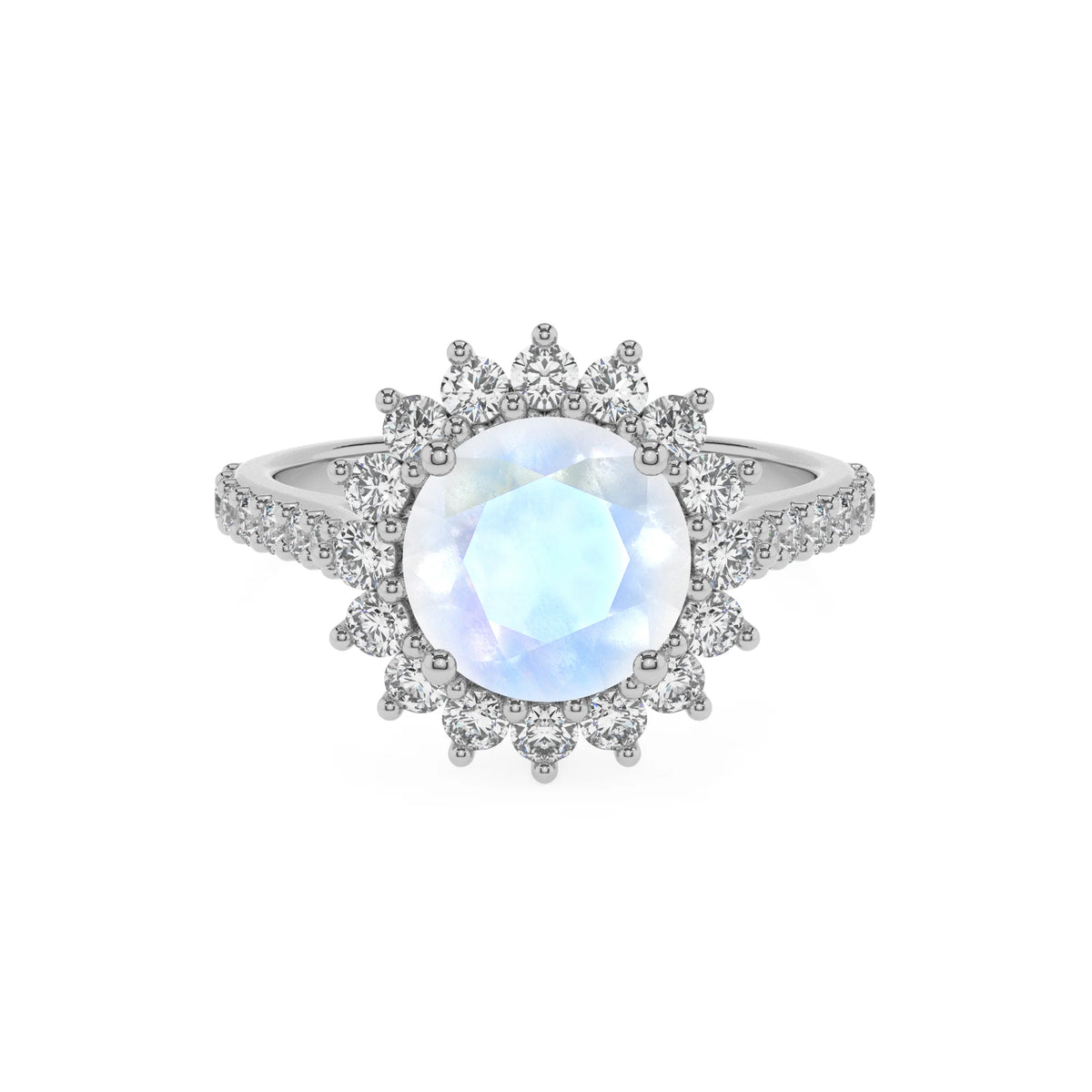 natural rainbow-moonstone round solitaire rings in platinum 