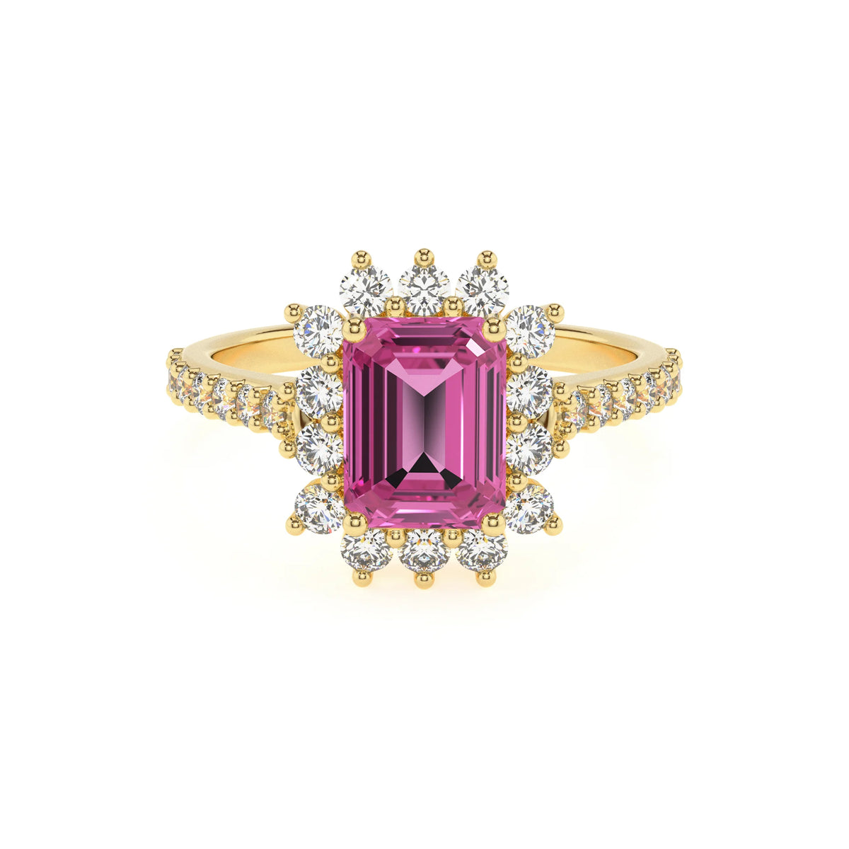 lab grown pink-sapphire emerald cut solitaire rings in yellow gold 