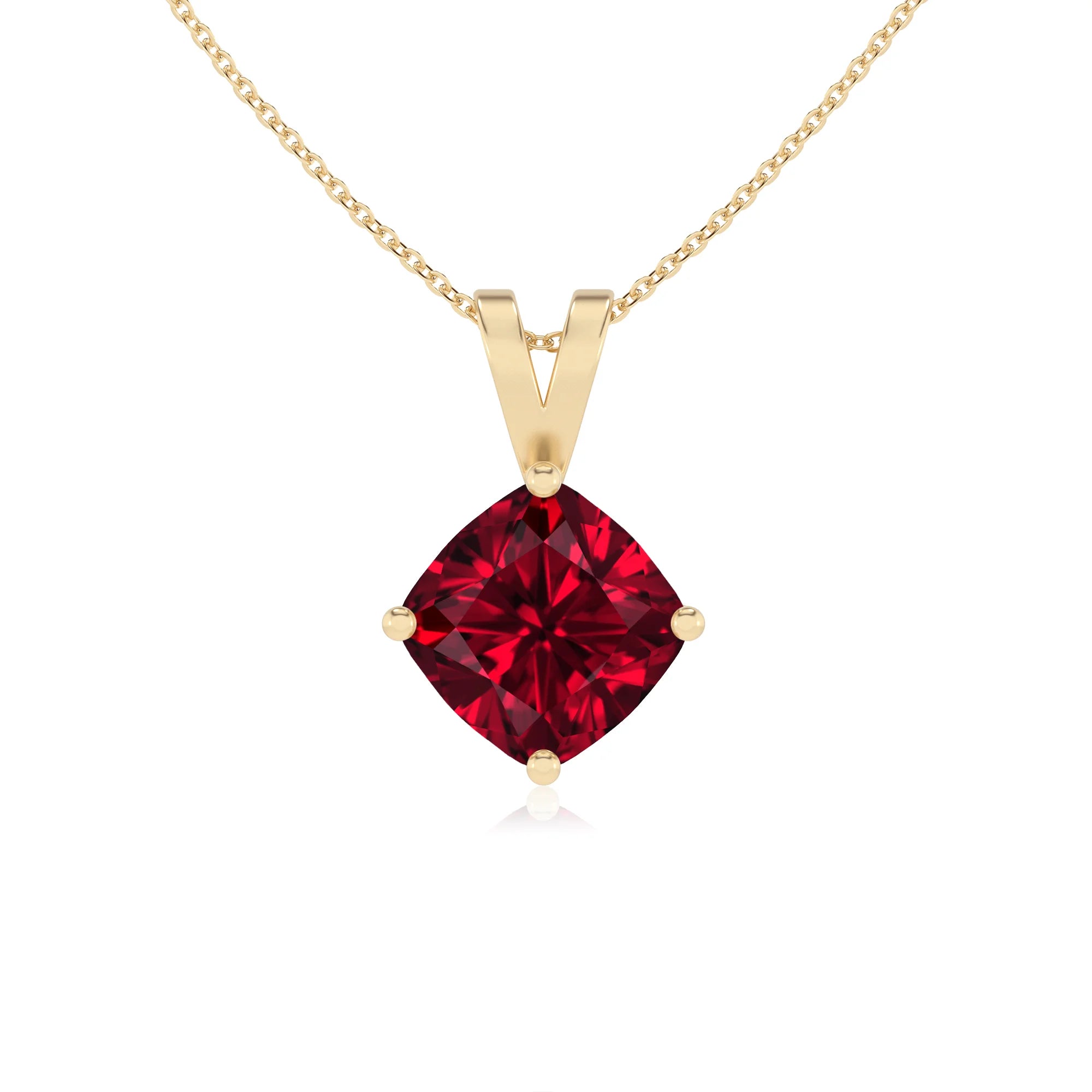 lab grown ruby cushion solitaire v-bale necklaces in yellow gold 