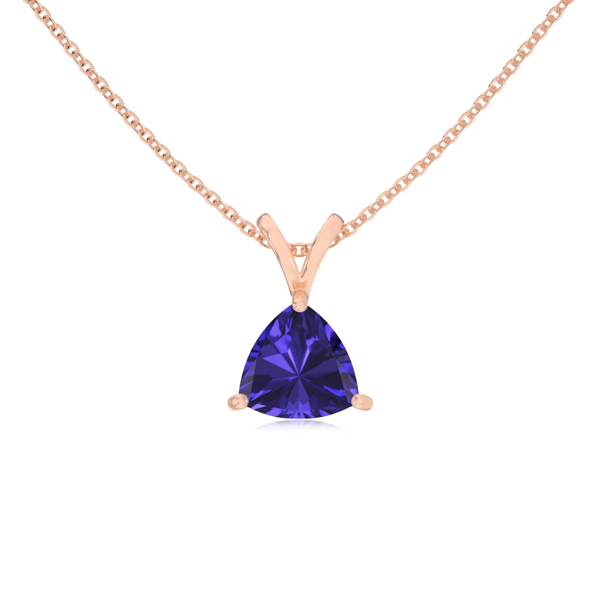 lab grown tanzanite trillion solitaire v-bale necklaces in rose gold 