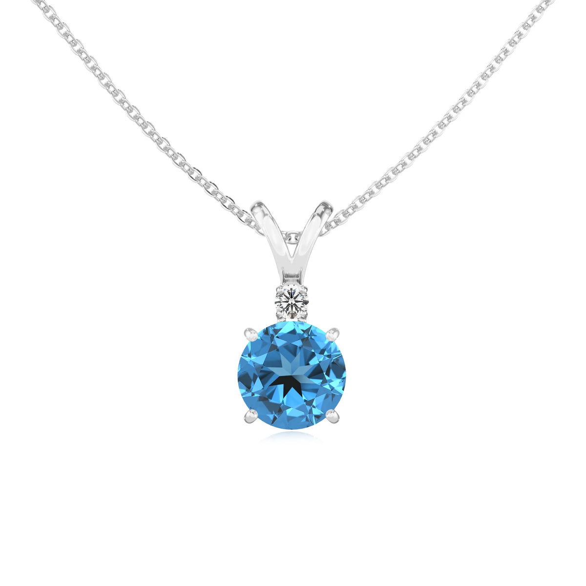 natural swiss-blue-topaz round solitaire v-bale necklaces in platinum 
