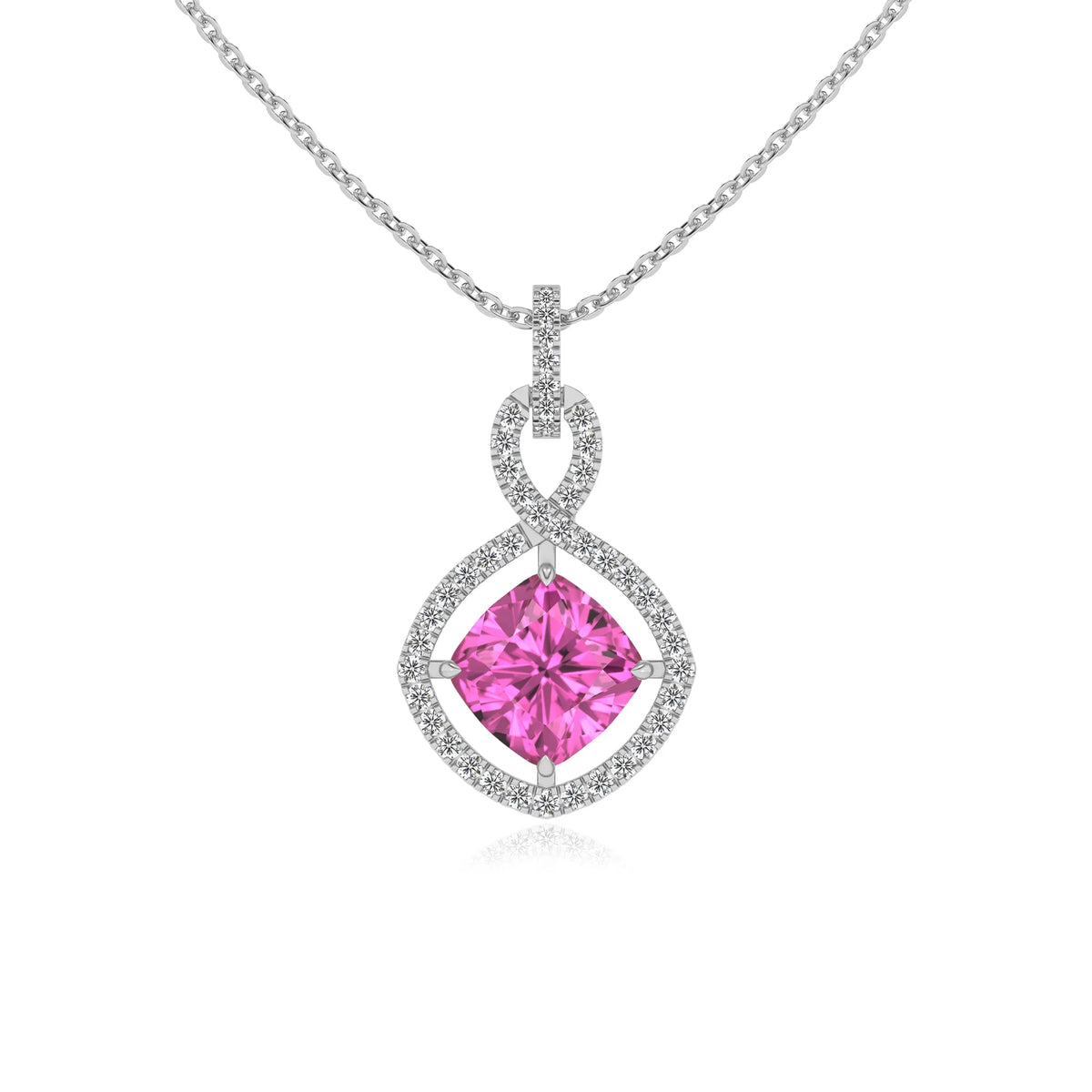 lab grown pink-sapphire cushion infinity necklaces in sterling silver 