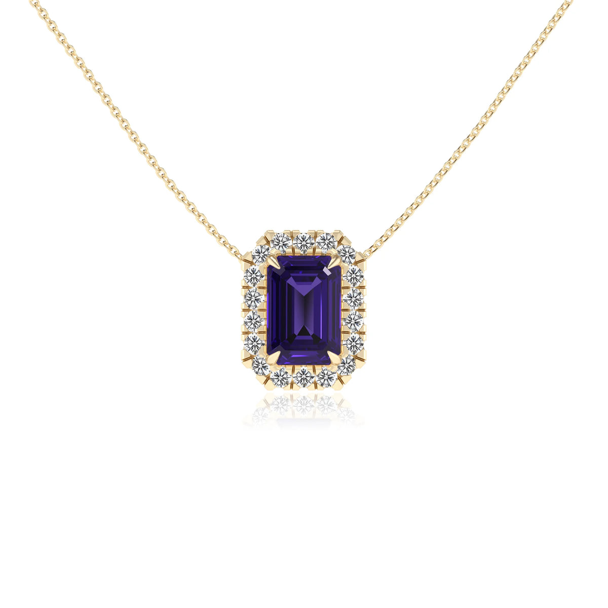 lab grown tanzanite emerald cut solitaire necklaces in yellow gold 