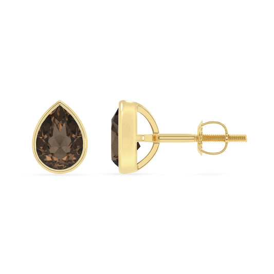 natural smoky quartz pear stud earrings in yellow gold 