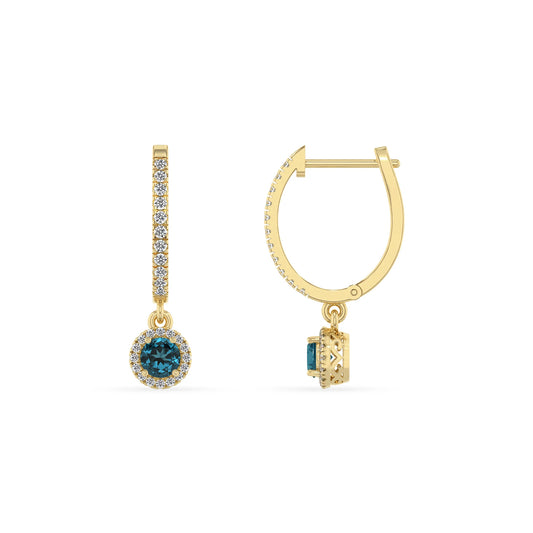 natural london blue topaz round drop earrings in yellow gold 