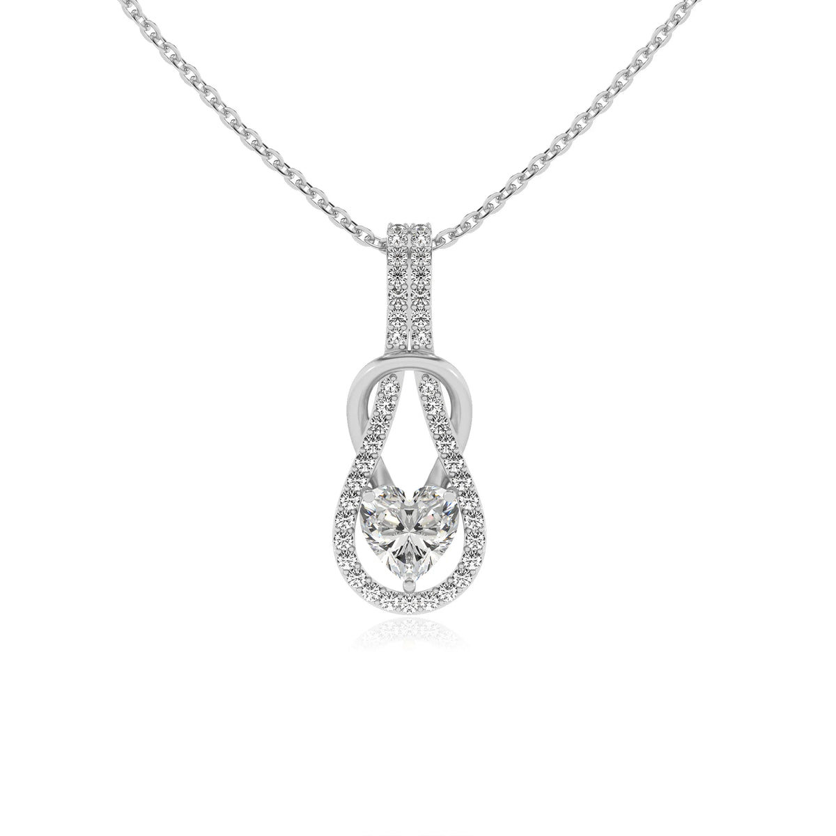 lab grown moissanite heart infinity  v-bale necklaces in white gold 