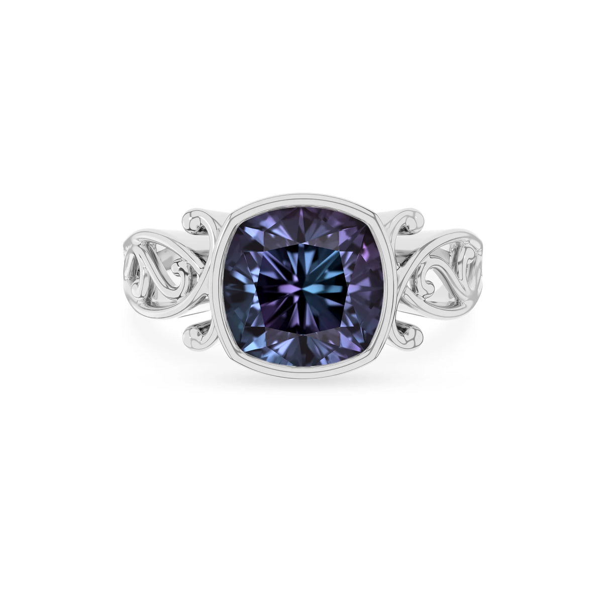 lab grown alexandrite cushion solitaire rings in platinum 