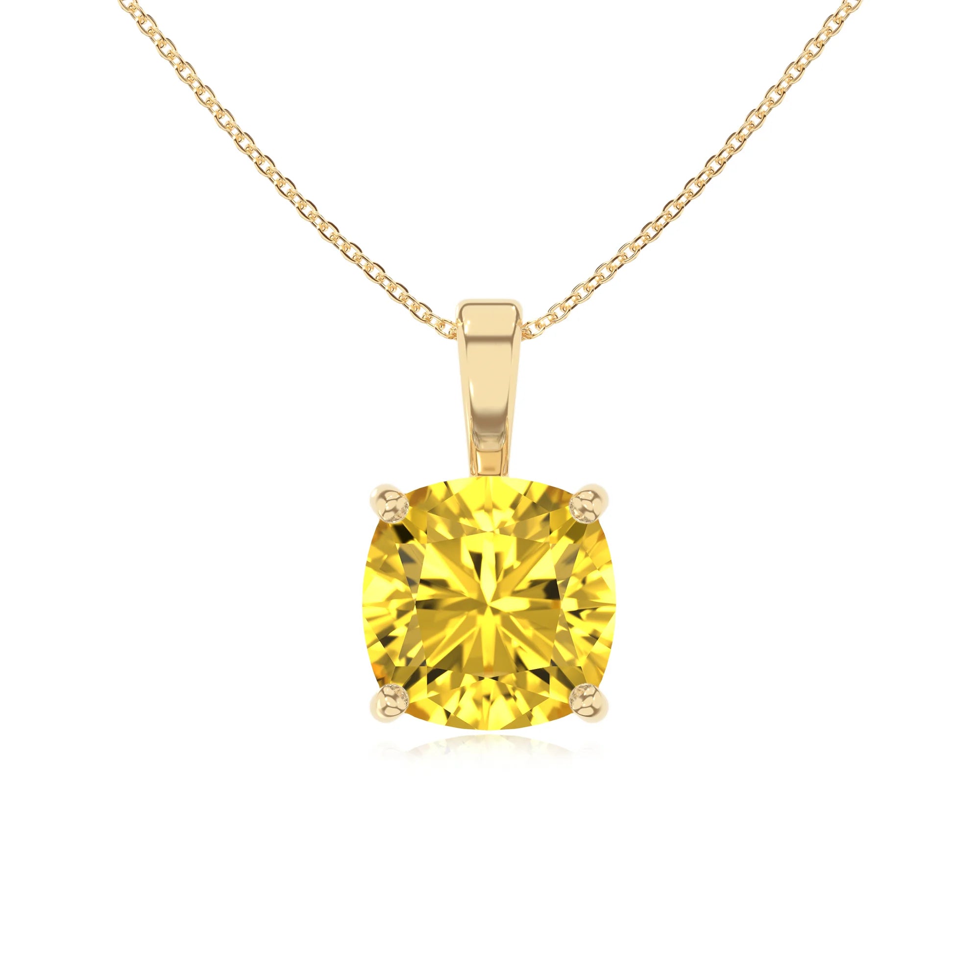 lab grown yellow-sapphire cushion solitaire necklaces in yellow gold 