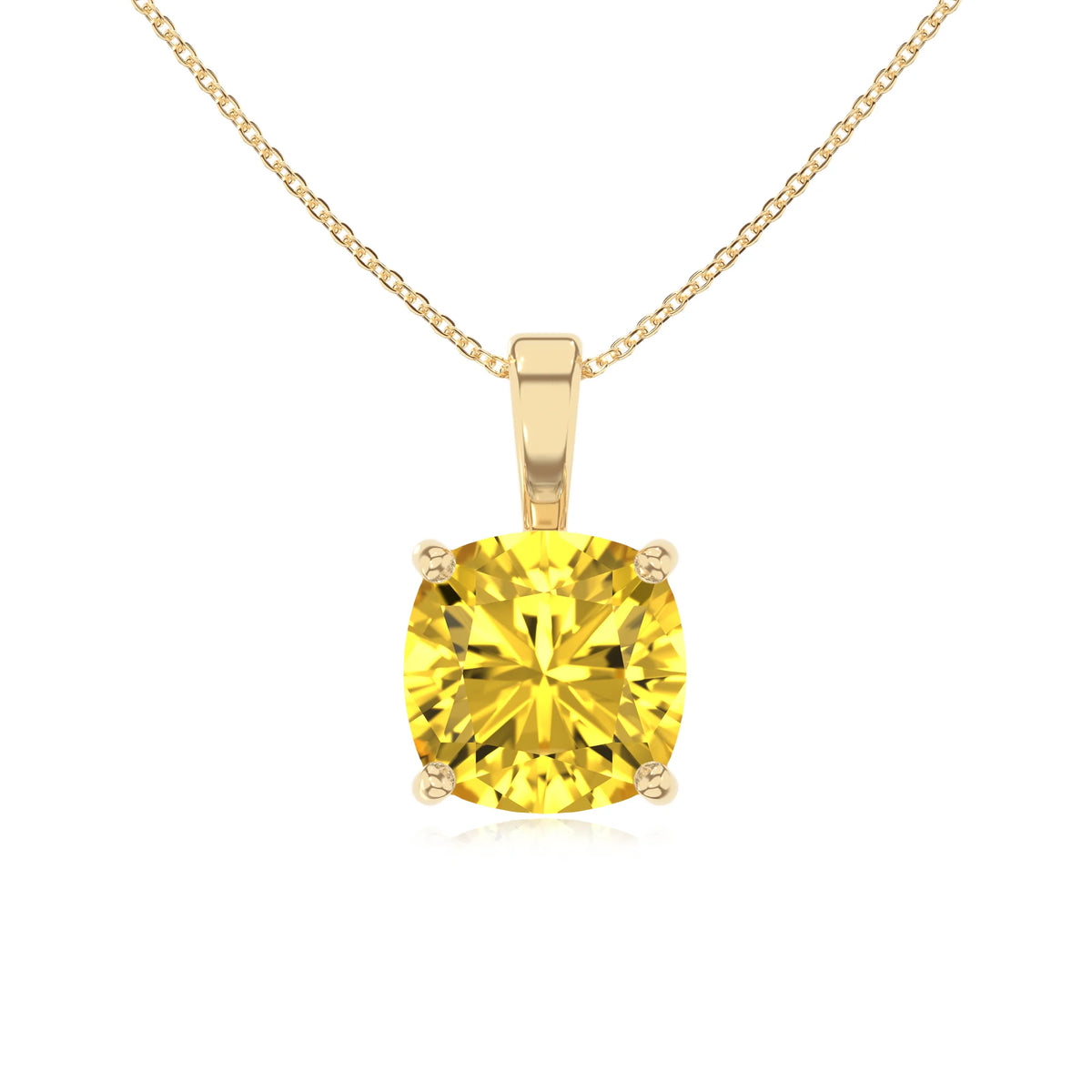 lab grown yellow-sapphire cushion solitaire necklaces in yellow gold 