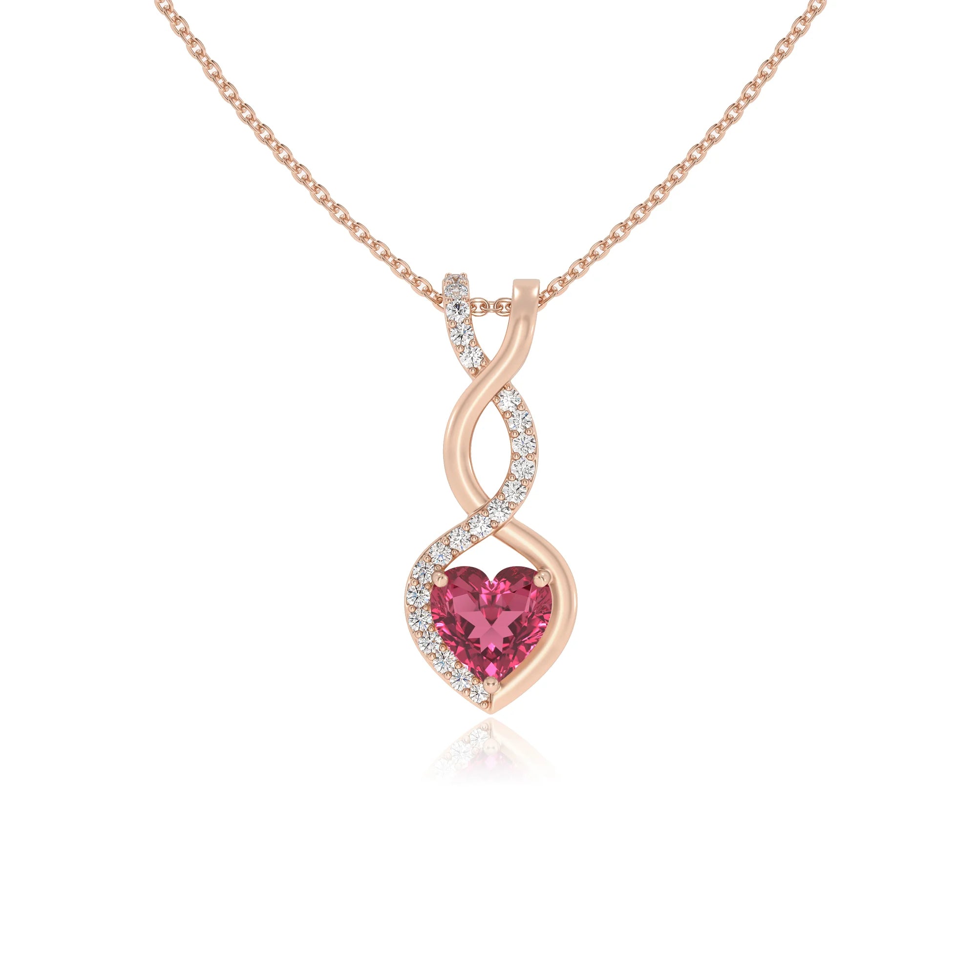 lab grown pink-tourmaline heart infinity necklaces in rose gold 