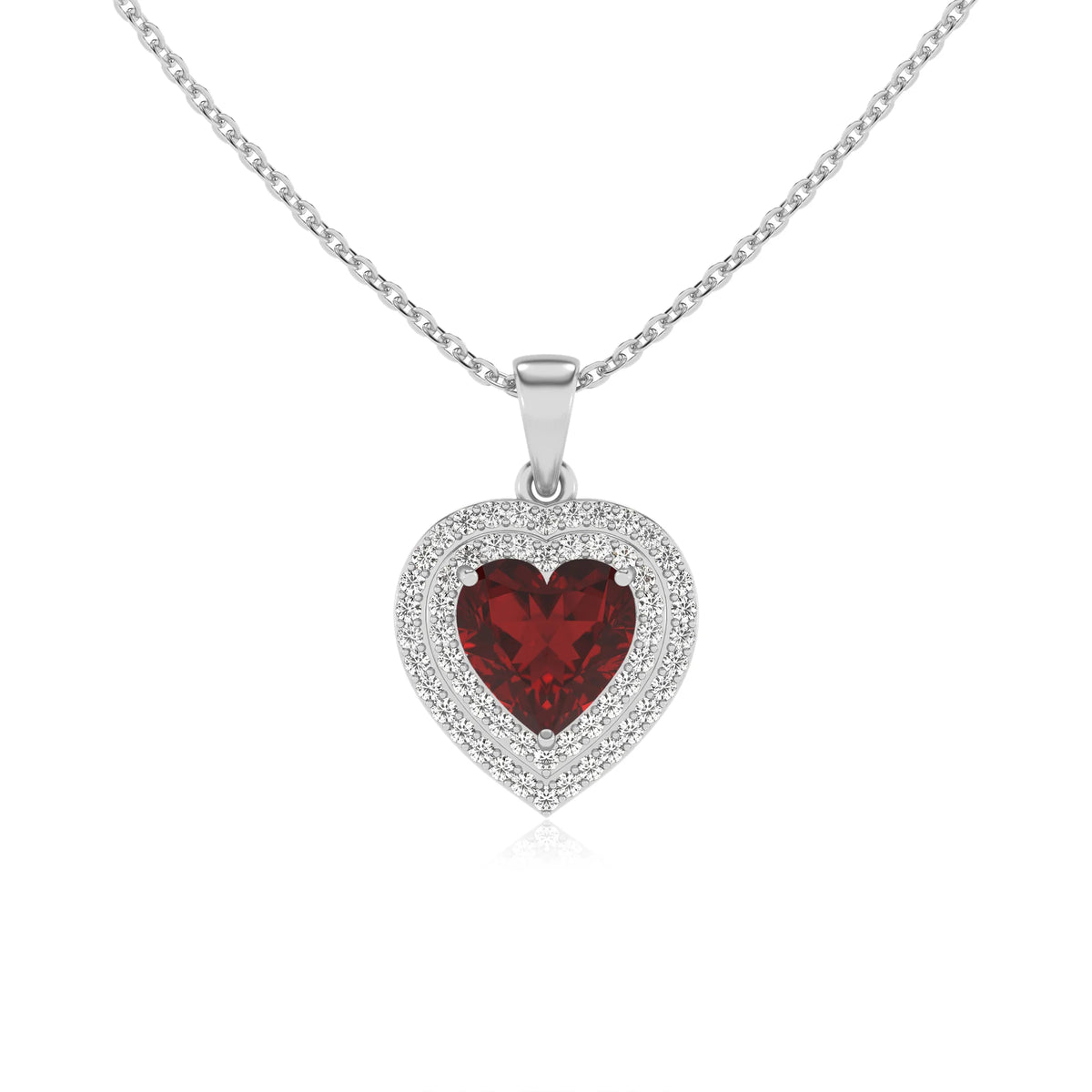natural garnet heart halo necklaces in white gold 