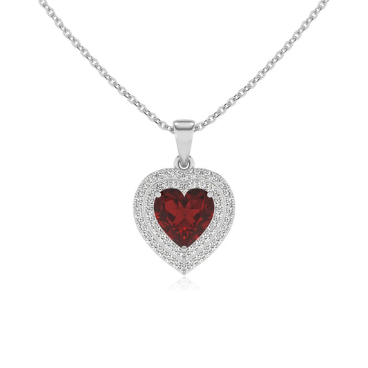 natural garnet heart halo necklaces in white gold 