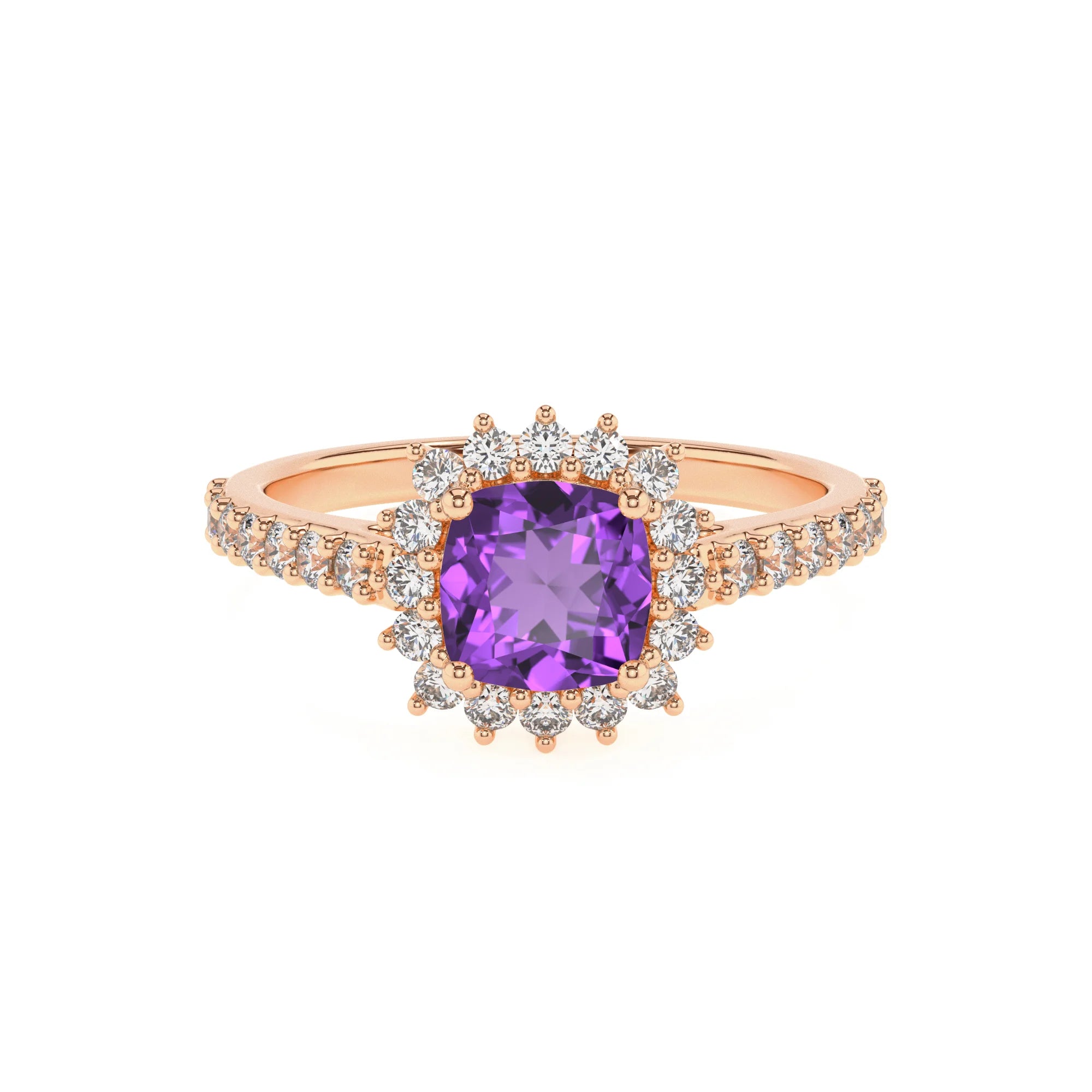 lab grown amethyst cushion solitaire rings in rose gold 
