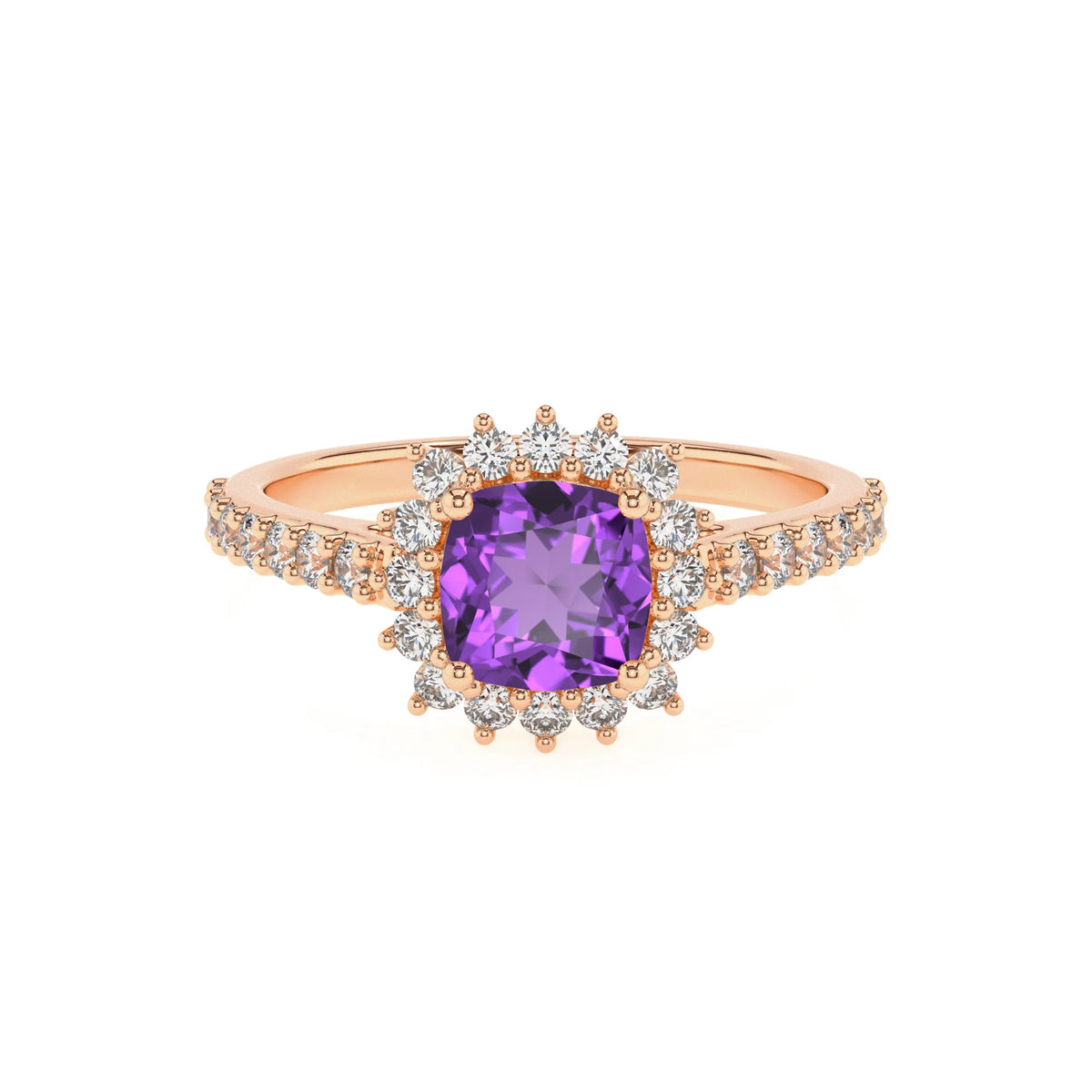 lab grown amethyst cushion solitaire rings in rose gold 