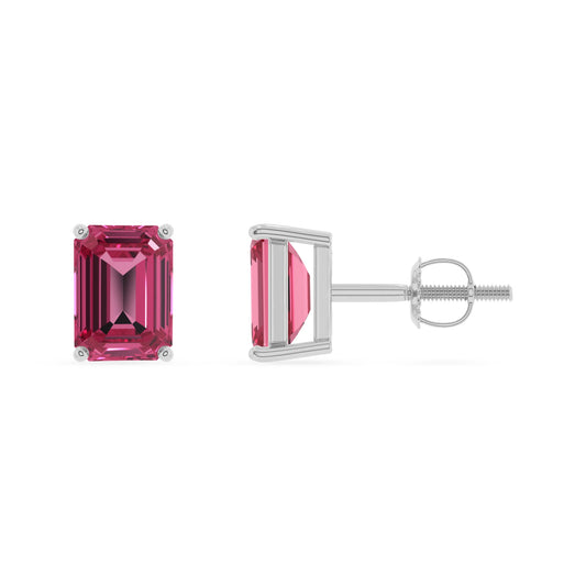 lab grown pink tourmaline emerald cut stud earrings in sterling silver 