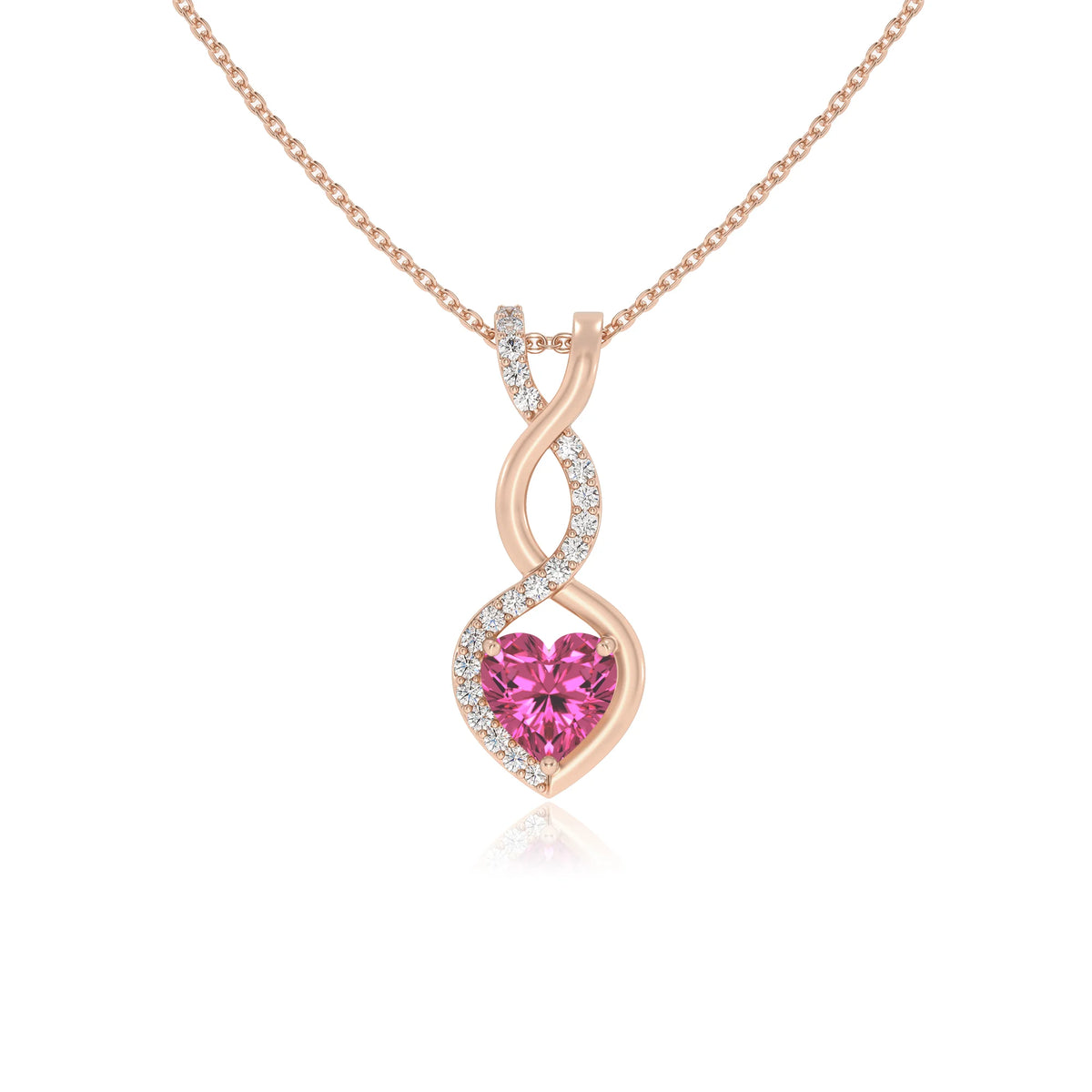 lab grown pink-sapphire heart infinity necklaces in rose gold 