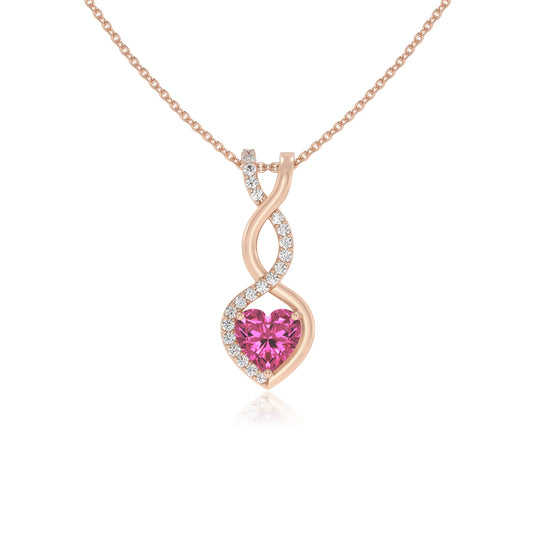 lab grown pink-sapphire heart infinity necklaces in rose gold 