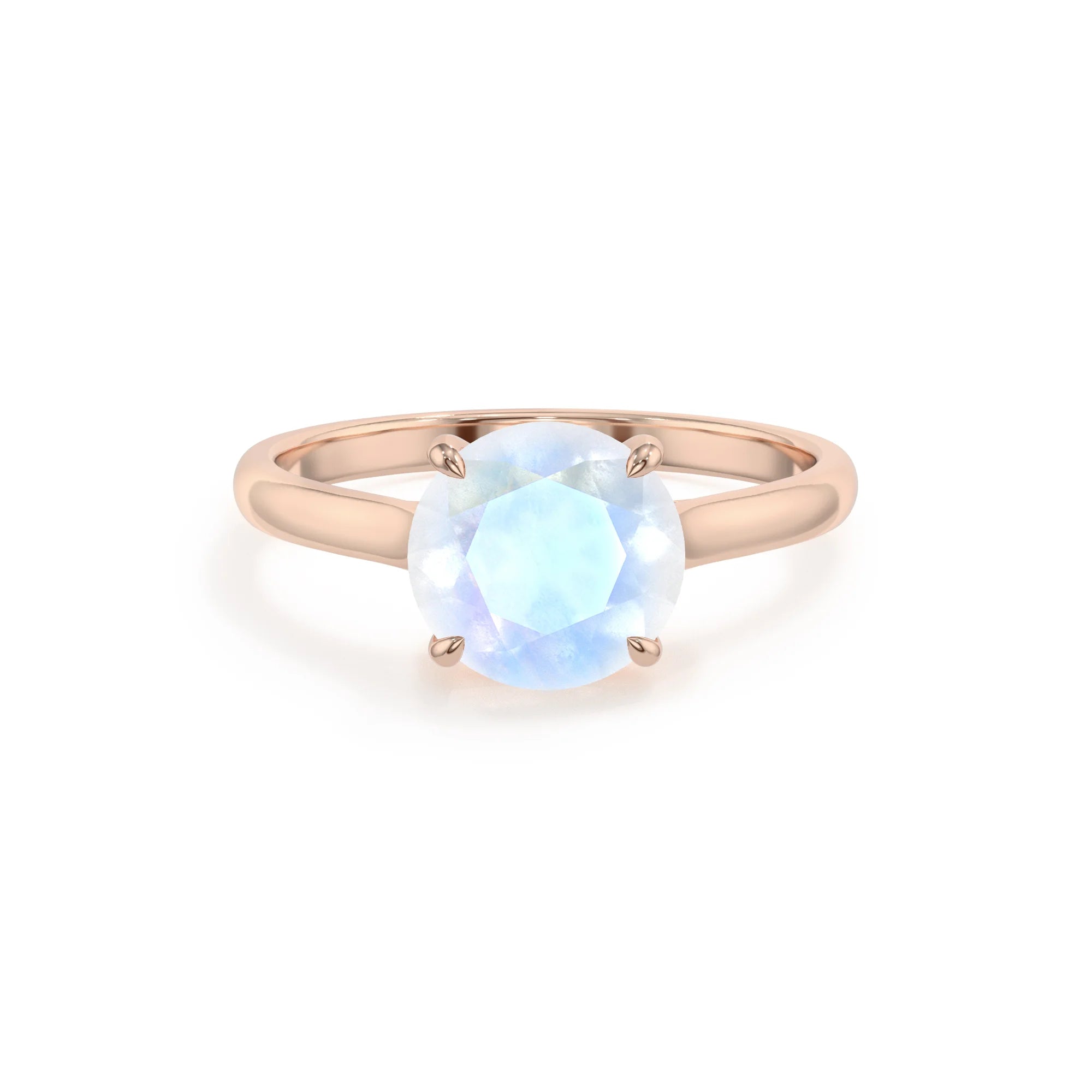 natural rainbow-moonstone round solitaire rings in rose gold 