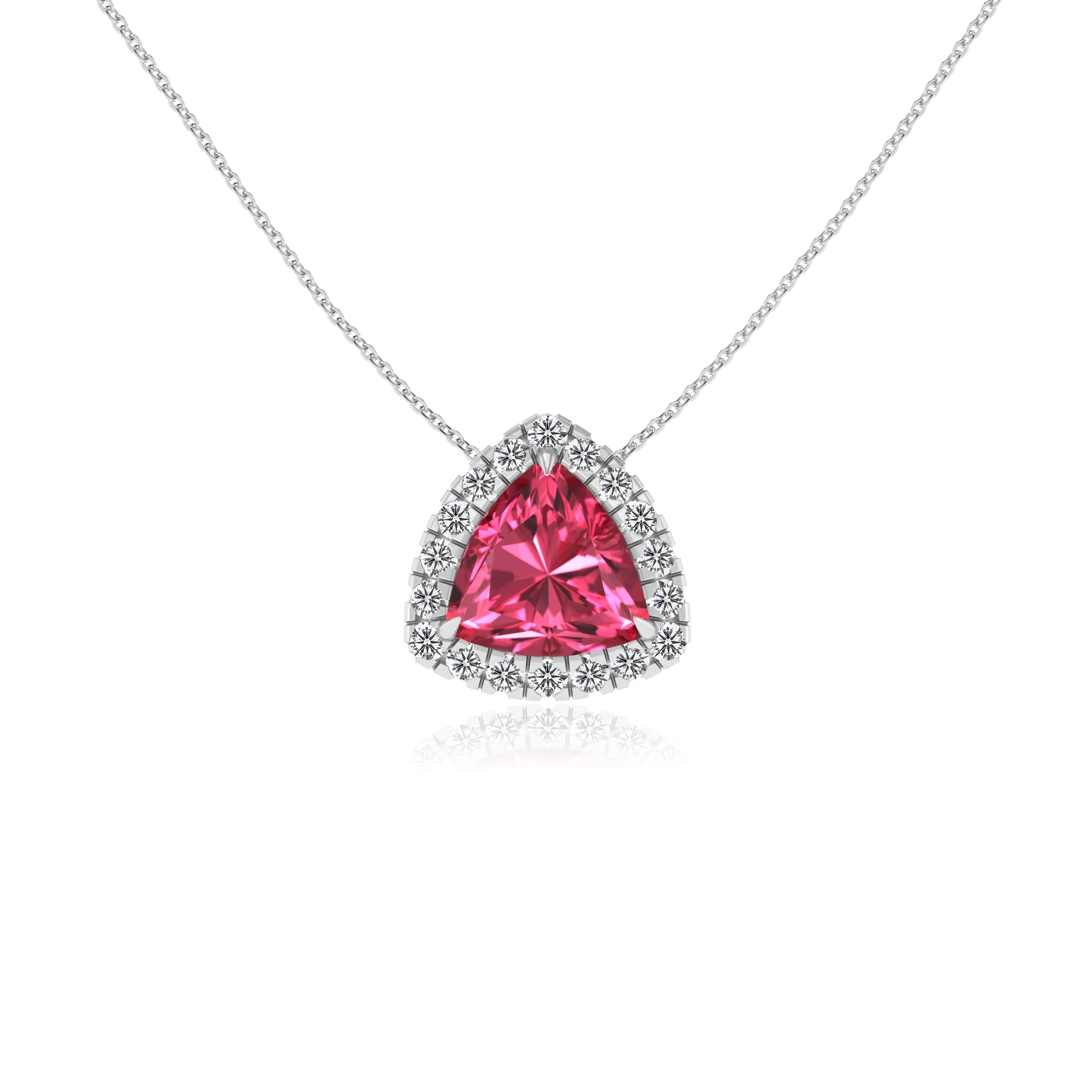 lab grown pink tourmaline trillion solitaire necklaces in white gold 