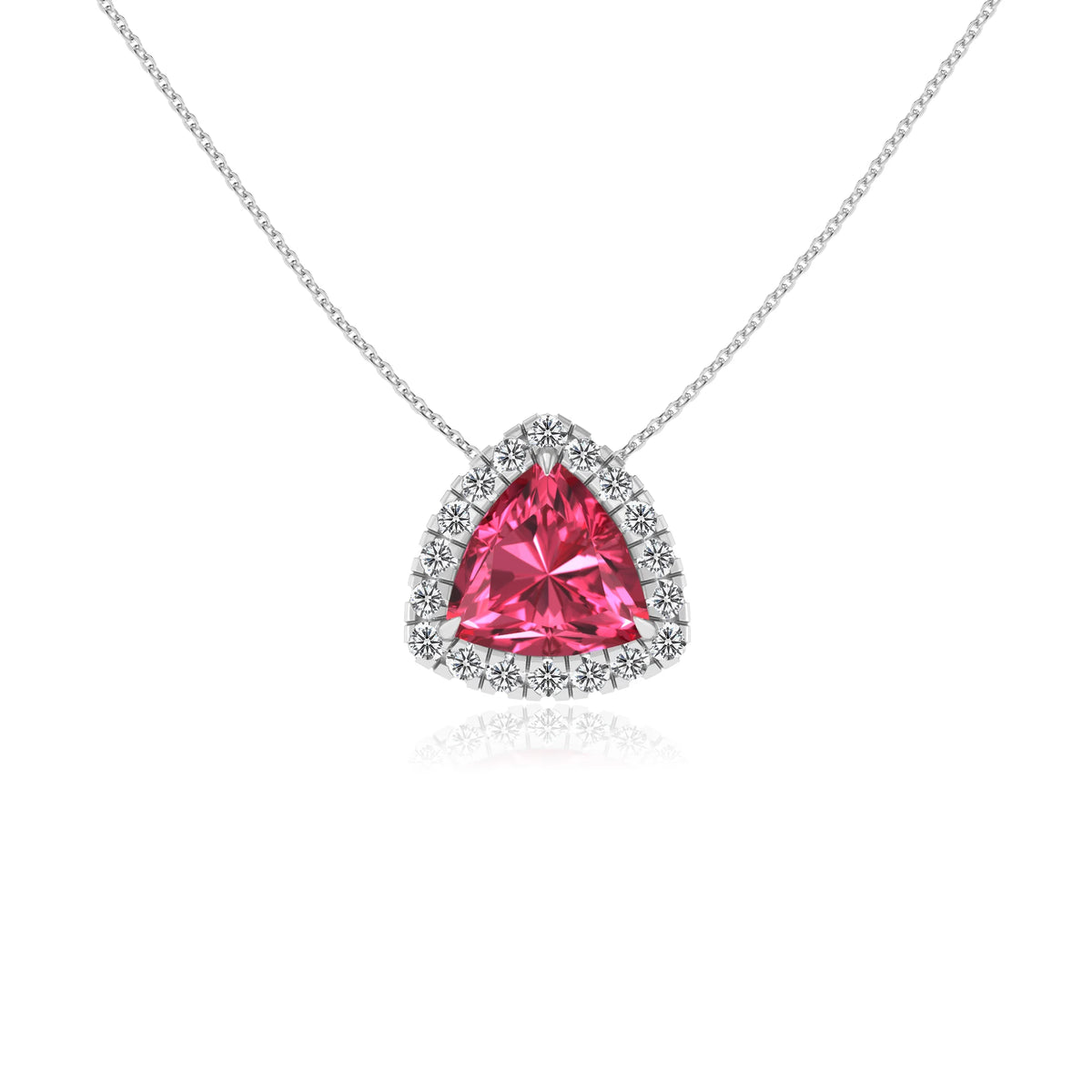 lab grown pink tourmaline trillion solitaire necklaces in white gold 
