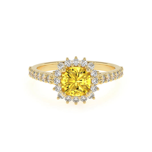 lab grown yellow-sapphire cushion solitaire rings in yellow gold 