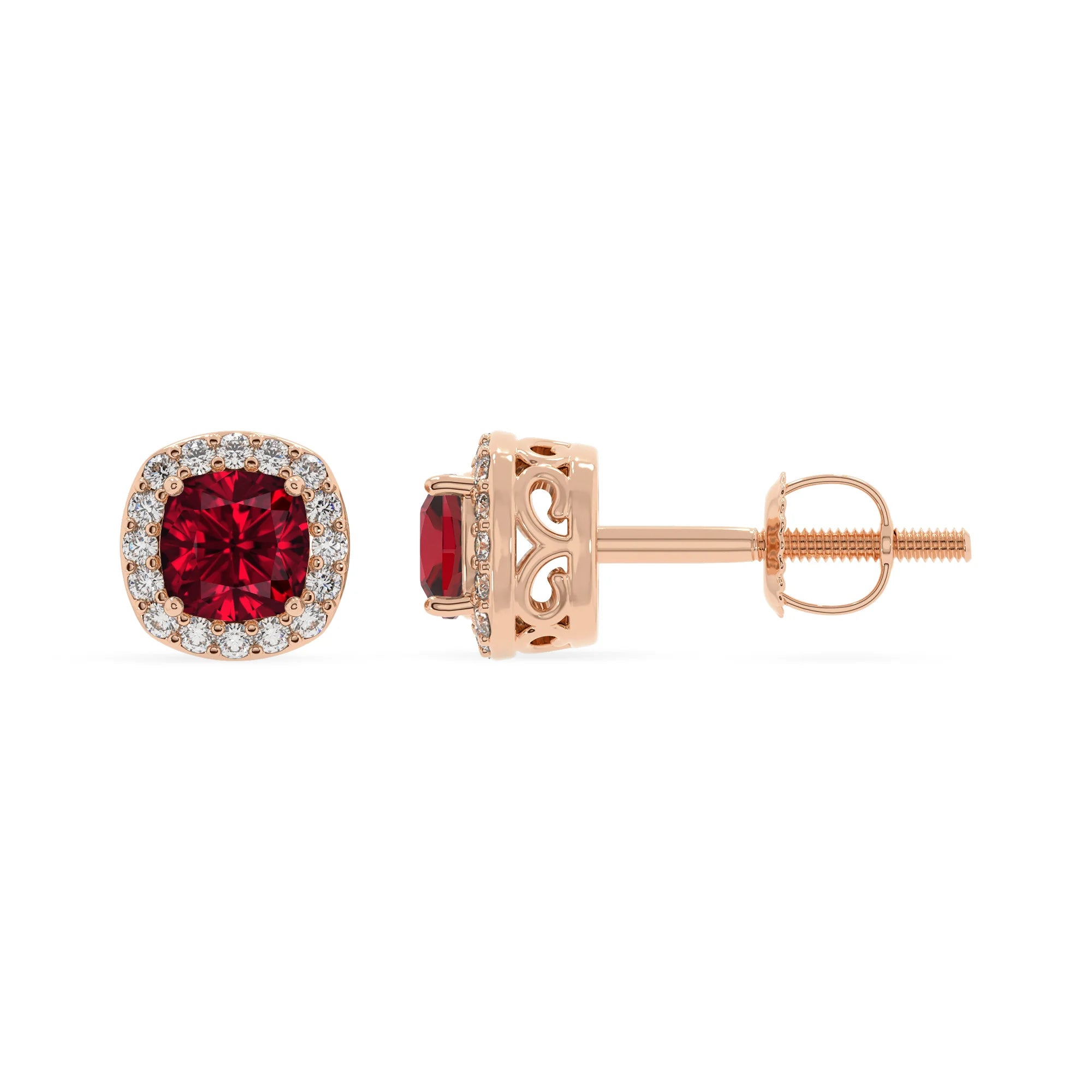 lab grown ruby cushion stud earrings in rose gold 