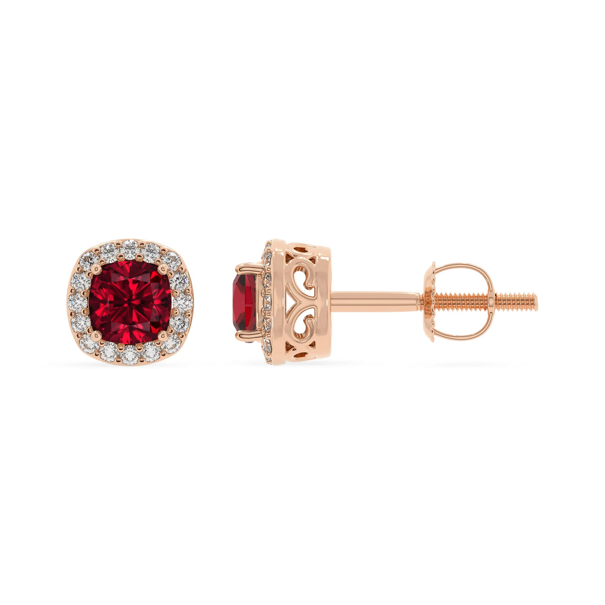 lab grown ruby cushion stud earrings in rose gold 