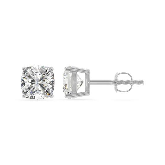 lab grown moissanite cushion stud earrings in white gold 