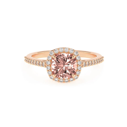 lab grown morganite cushion solitaire rings in rose gold 