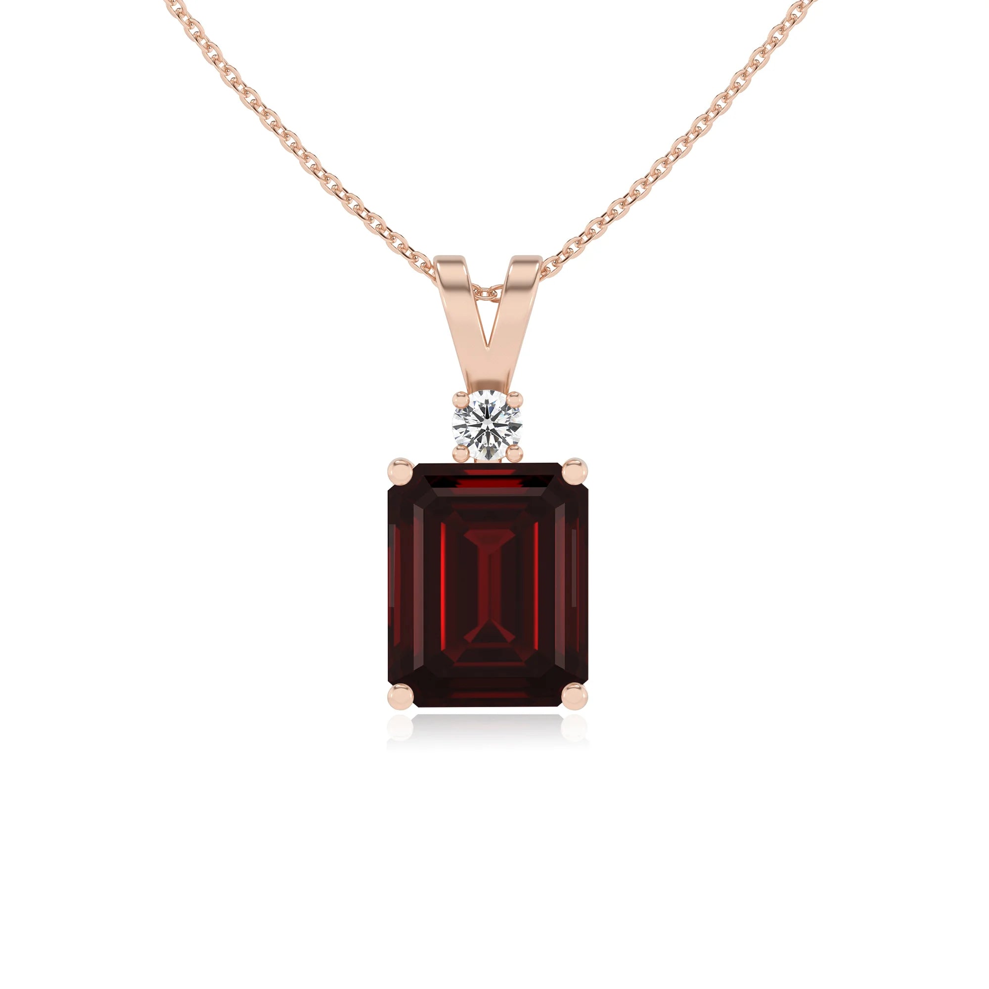 natural garnet emerald cut solitaire v-bale necklaces in rose gold 