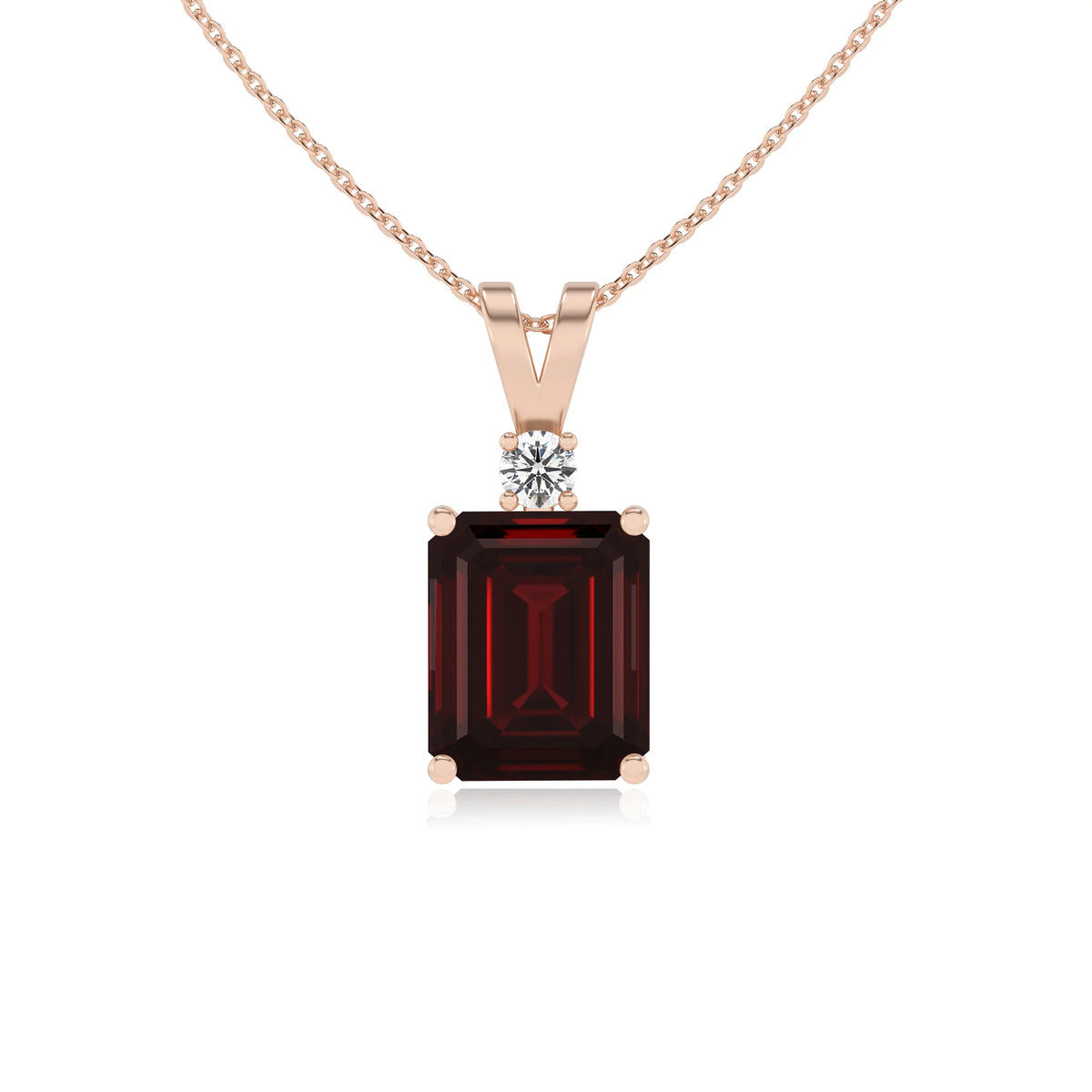 natural garnet emerald cut solitaire v-bale necklaces in rose gold 