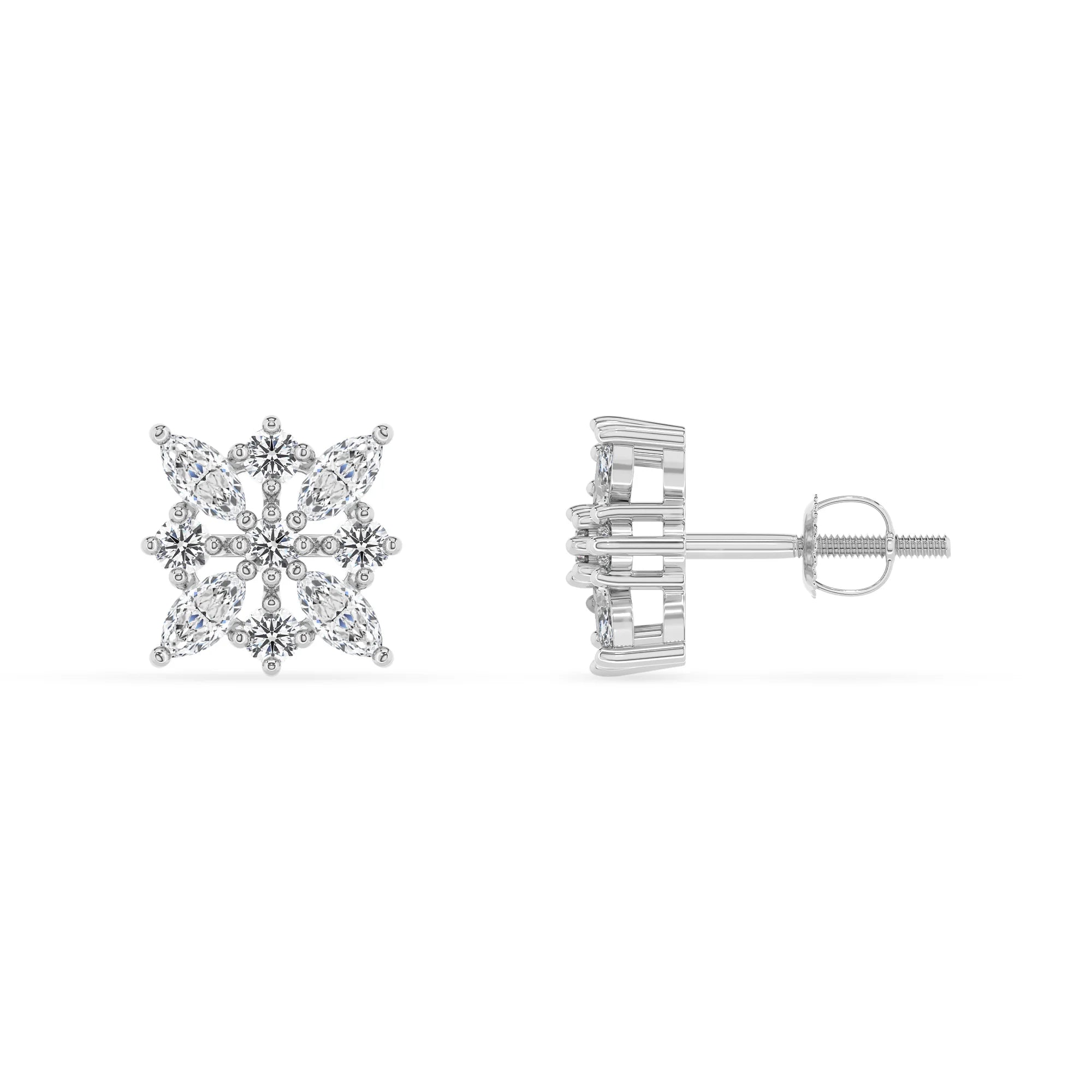 lab grown moissanite marquise stud earrings in white gold 