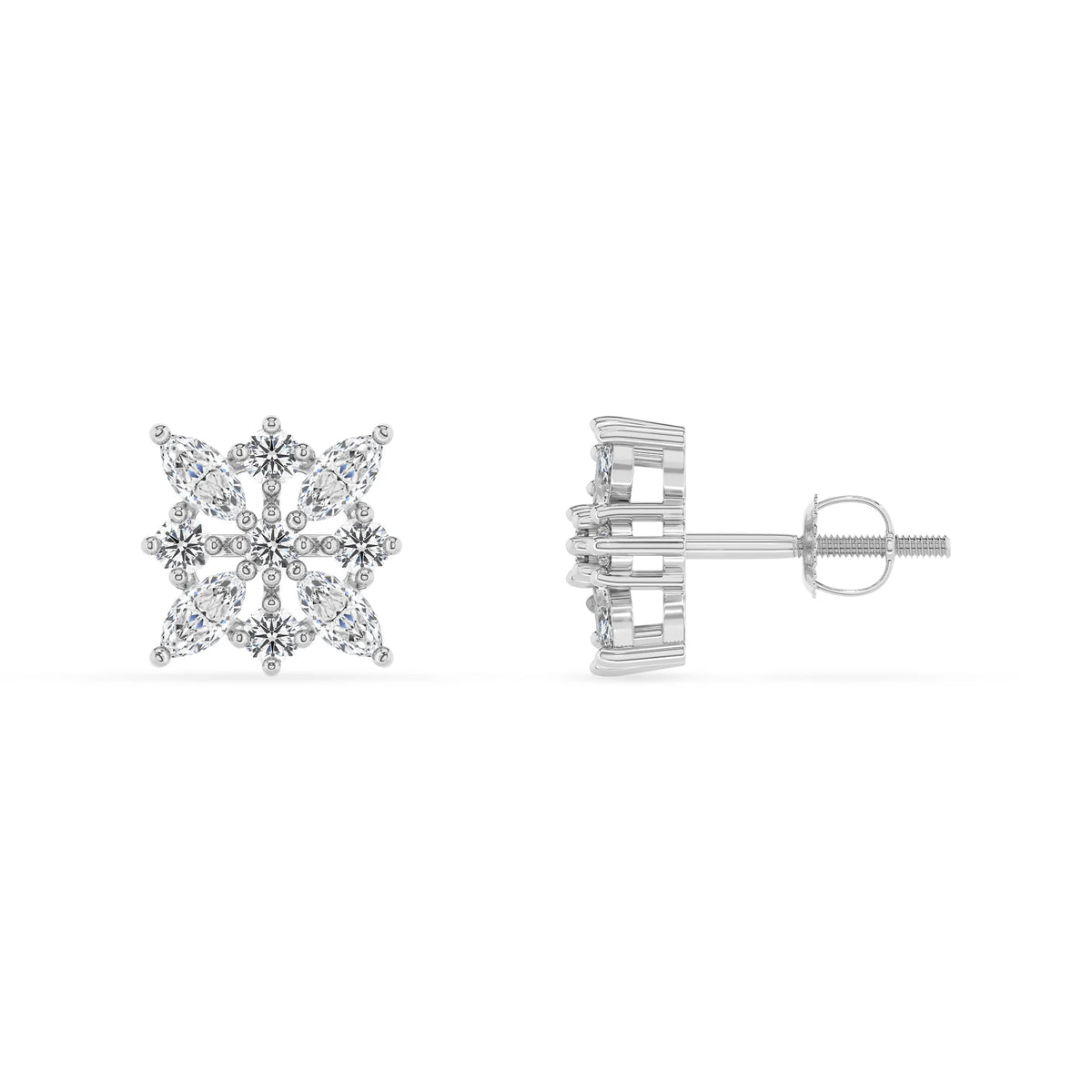 lab grown moissanite marquise stud earrings in white gold 