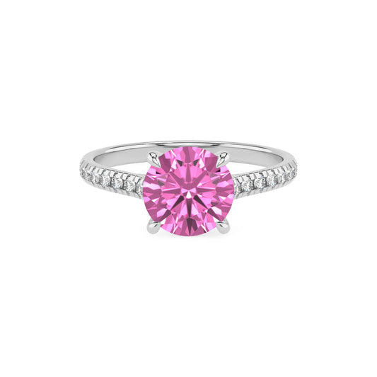 lab grown pink-sapphire round half eternity solitaire engagement rings in platinum 
