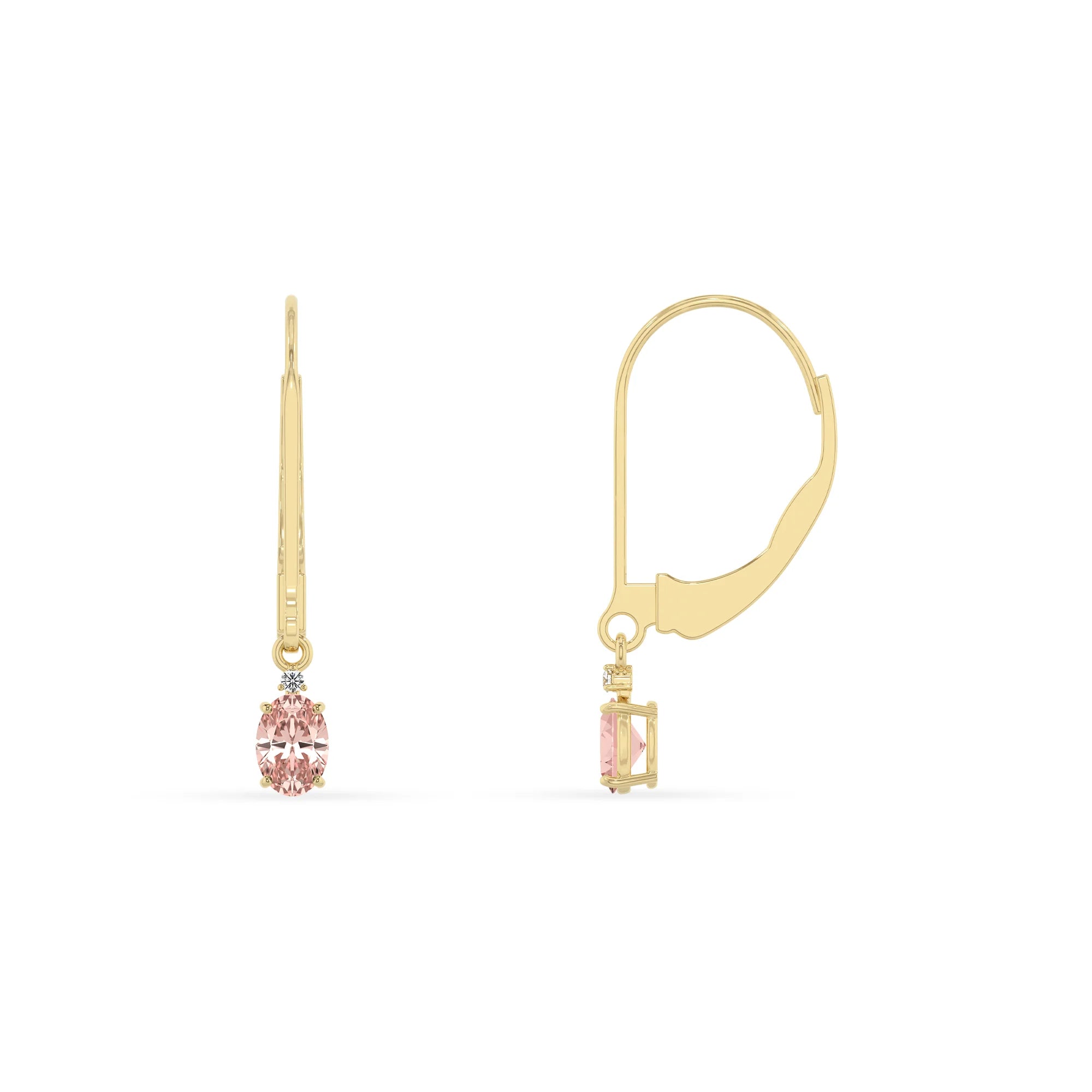 lab grown morganite oval drop earrings in yellow gold 