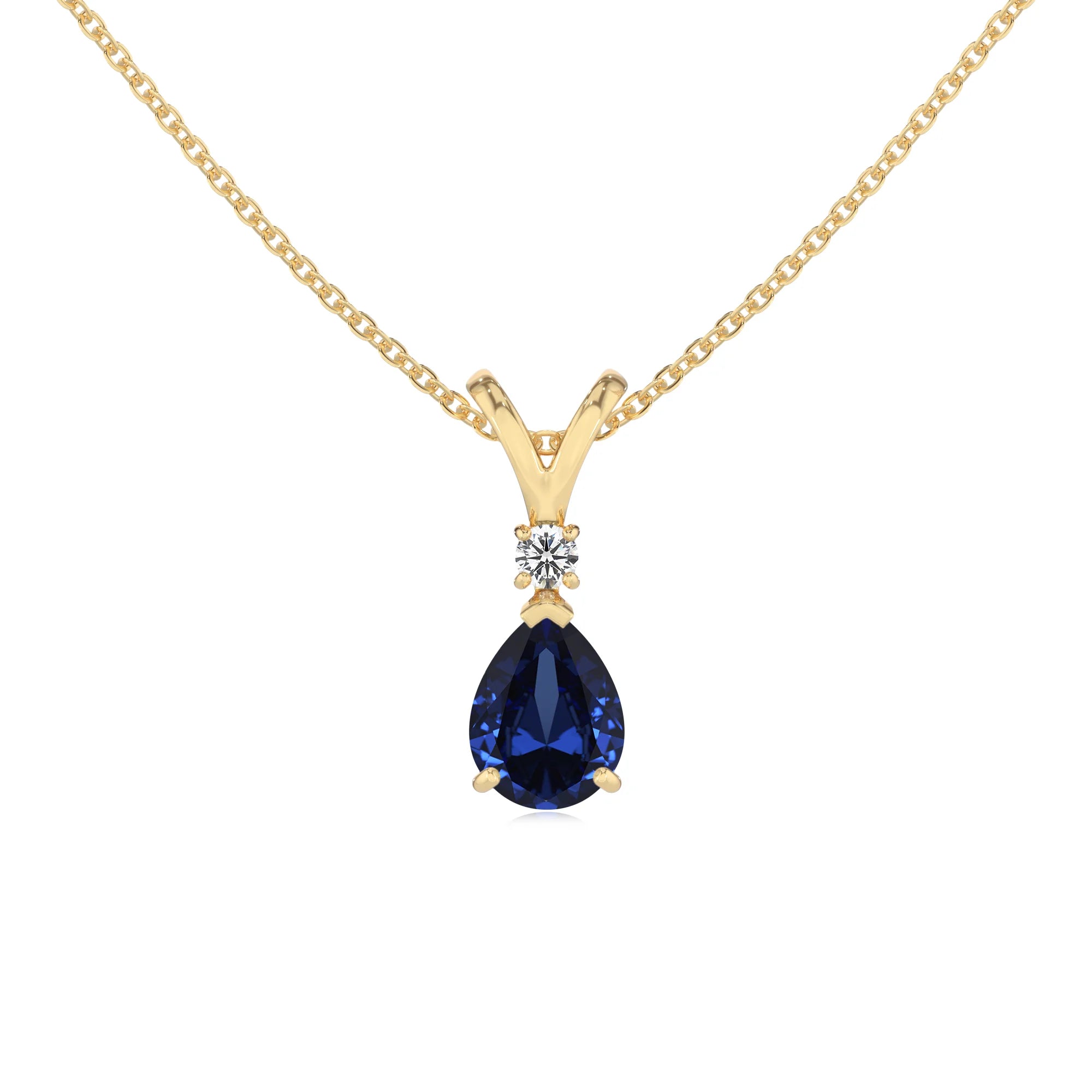 lab grown blue-sapphire pear solitaire v-bale necklaces in yellow gold 