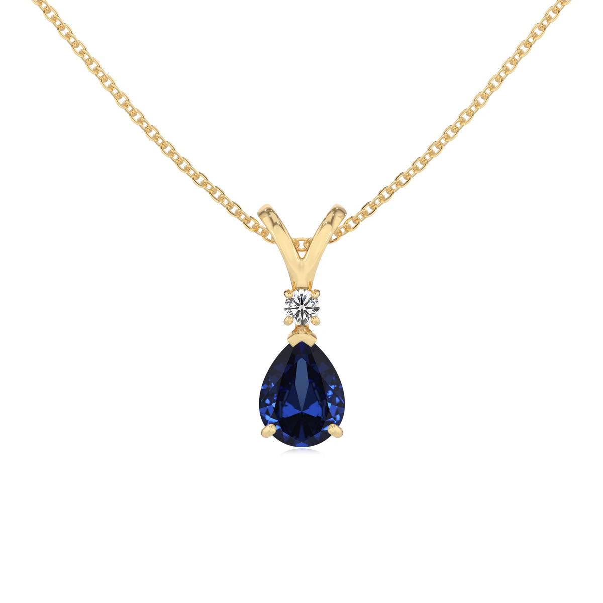 lab grown blue-sapphire pear solitaire v-bale necklaces in yellow gold 