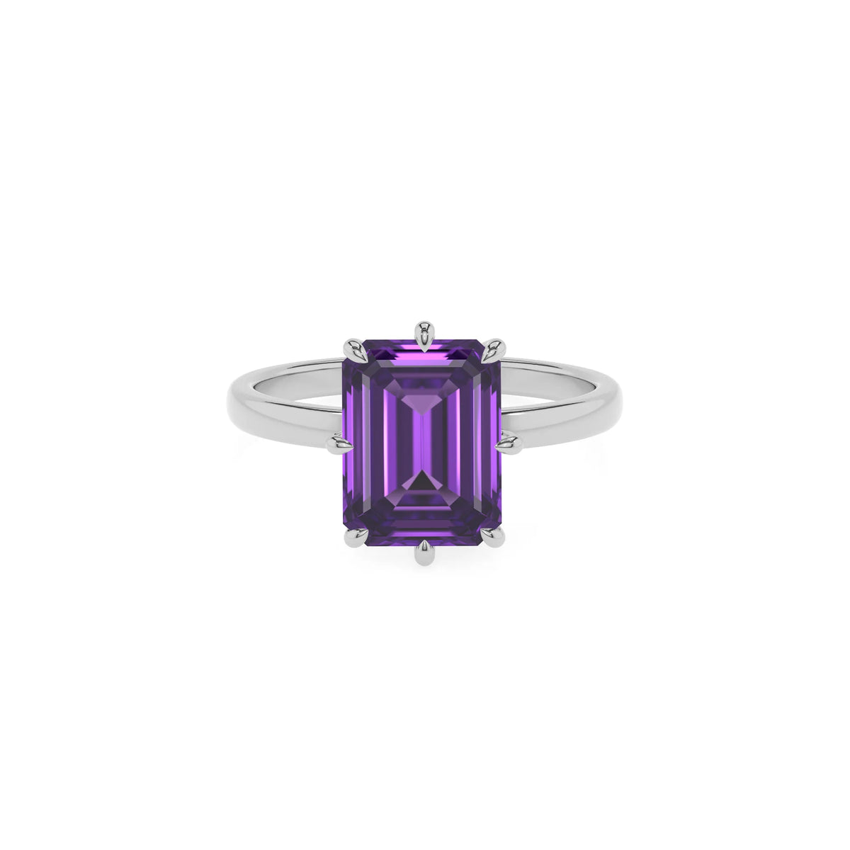 lab grown amethyst emerald cut solitaire rings in white gold 