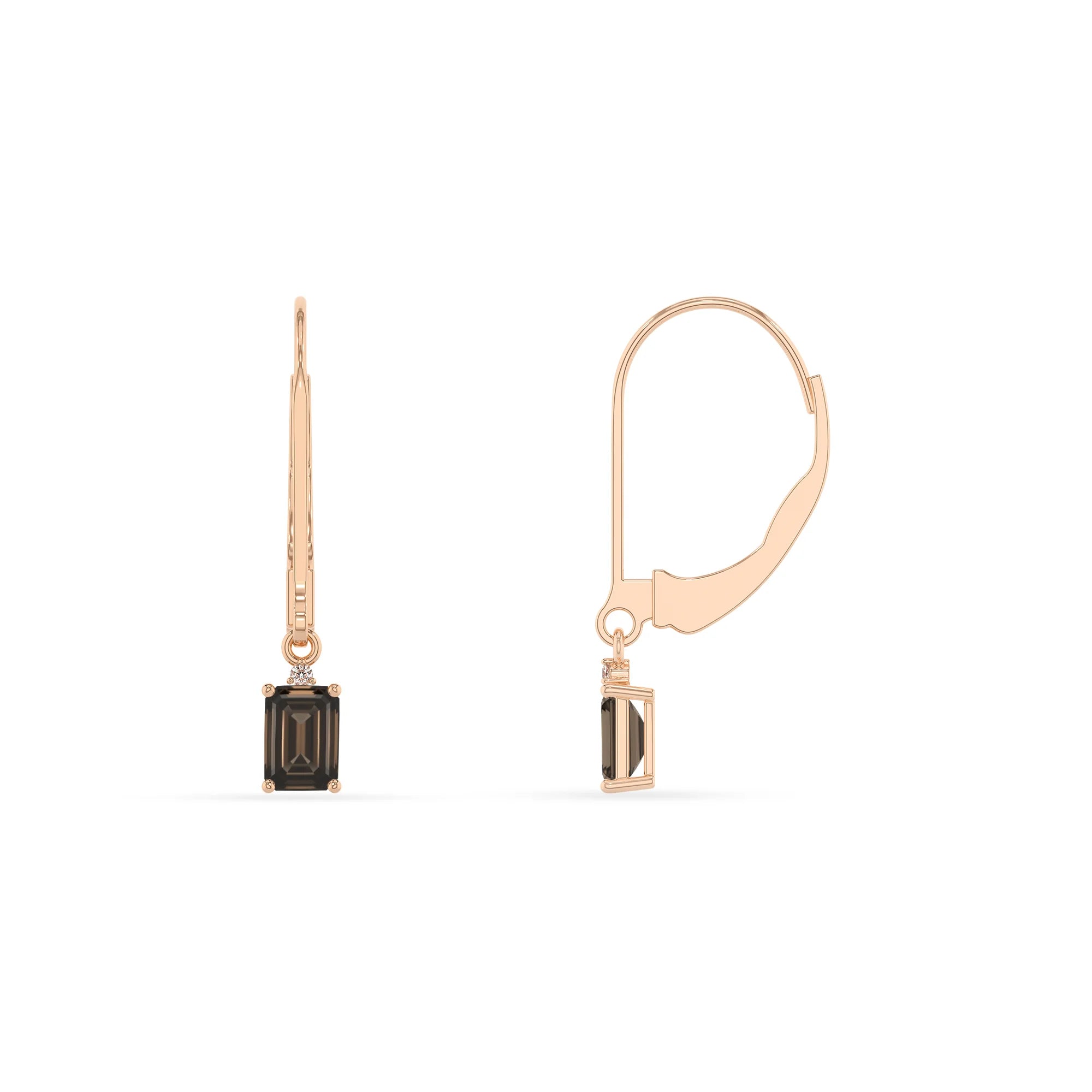 natural smoky quartz emerald cut drop earrings in rose gold 