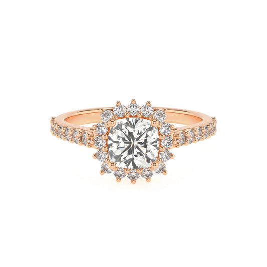 lab grown moissanite cushion solitaire rings in rose gold 
