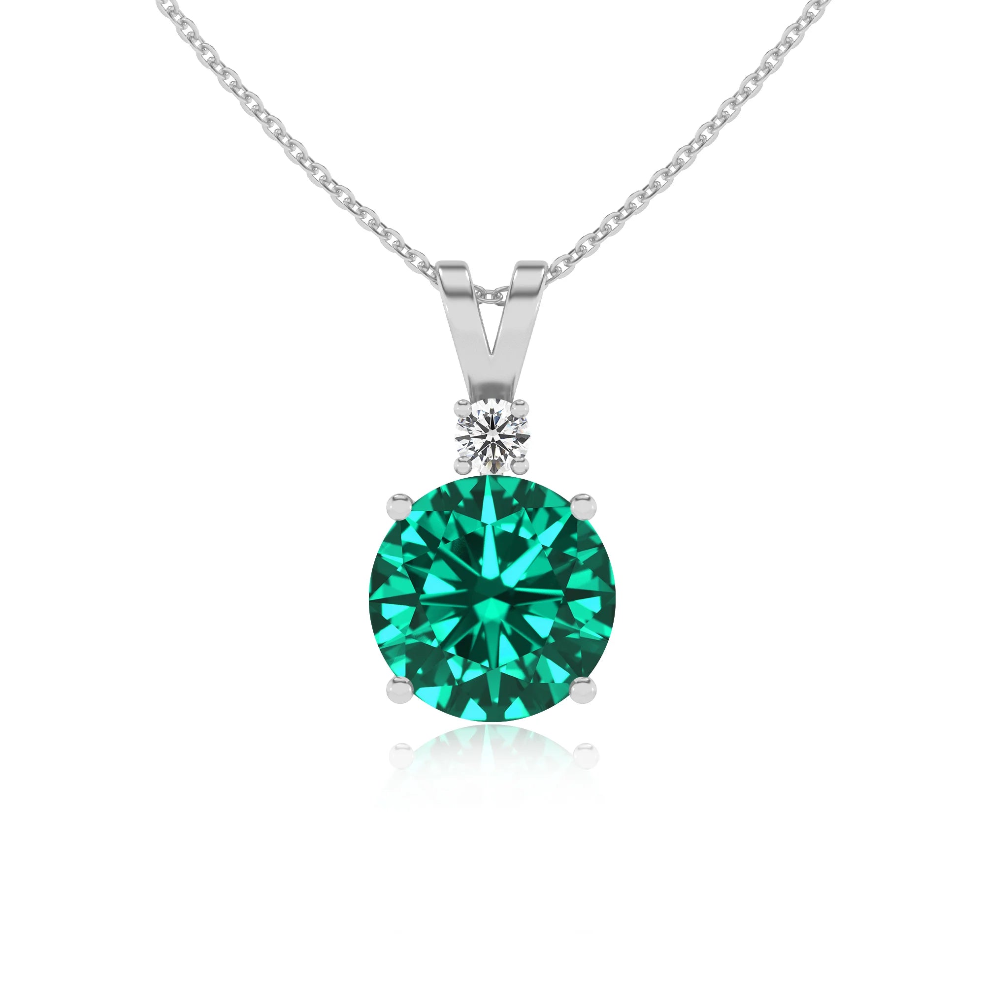 lab grown emerald round solitaire v-bale necklaces in sterling silver 