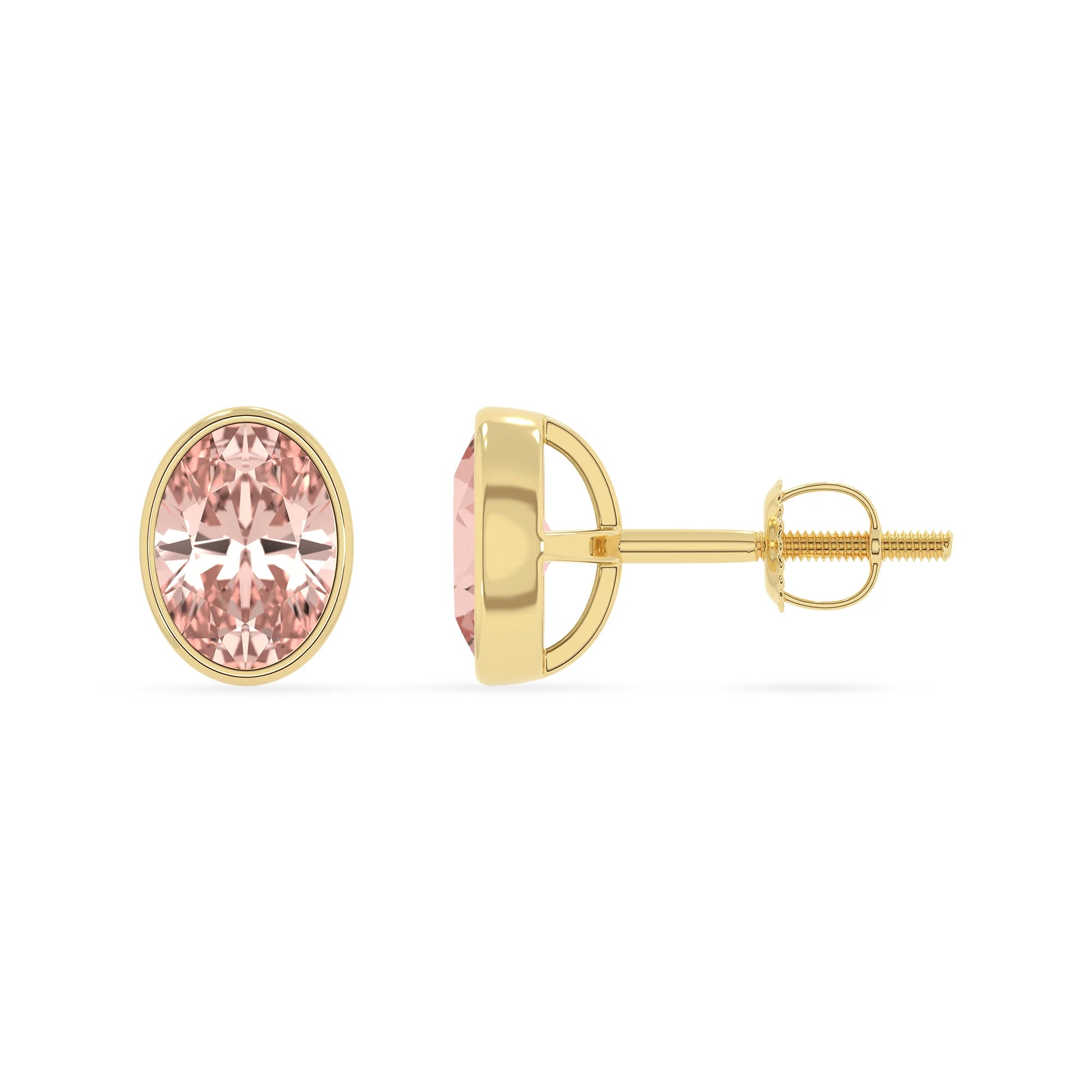lab grown morganite oval stud earrings in yellow gold 