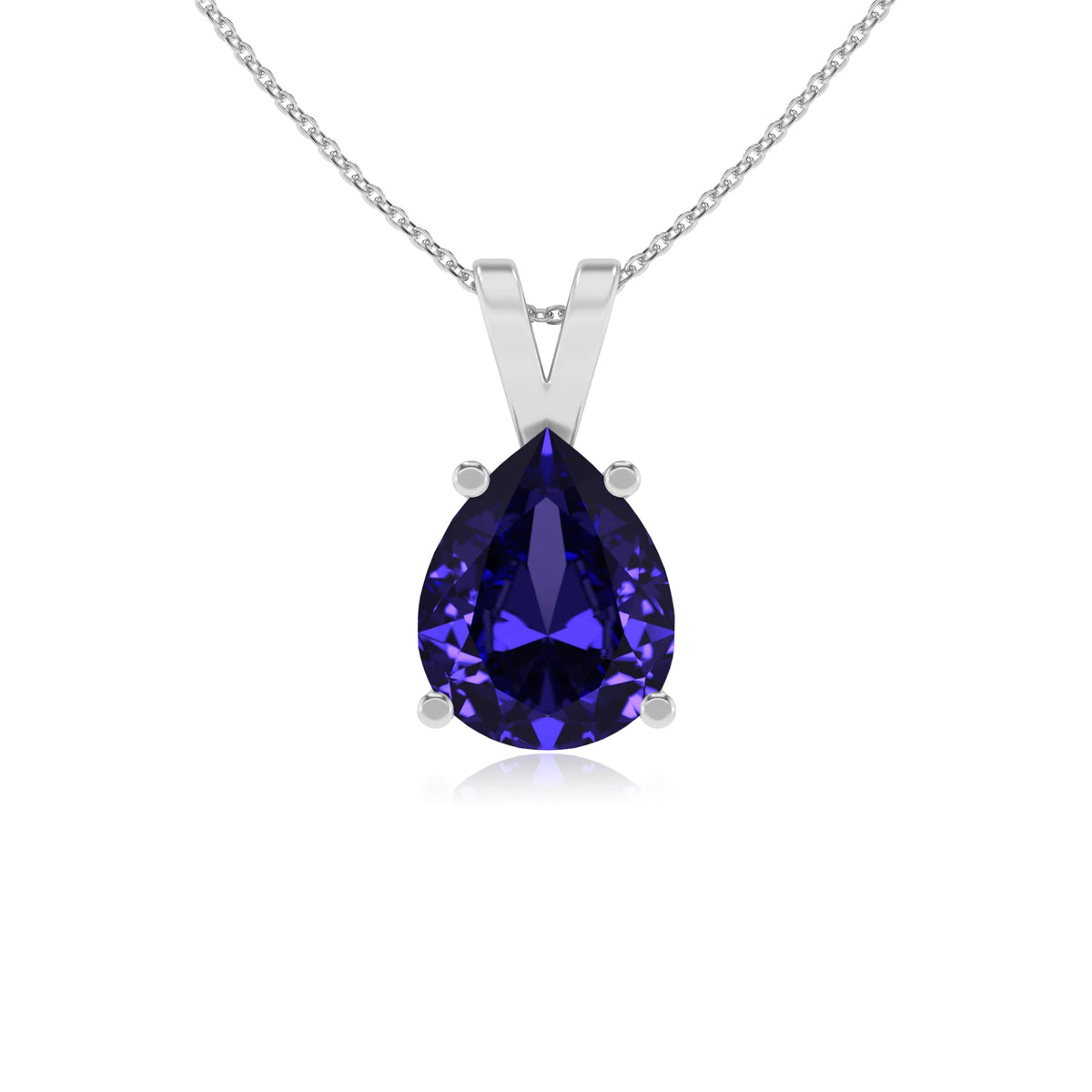 lab grown tanzanite pear solitaire v-bale necklaces in white gold 